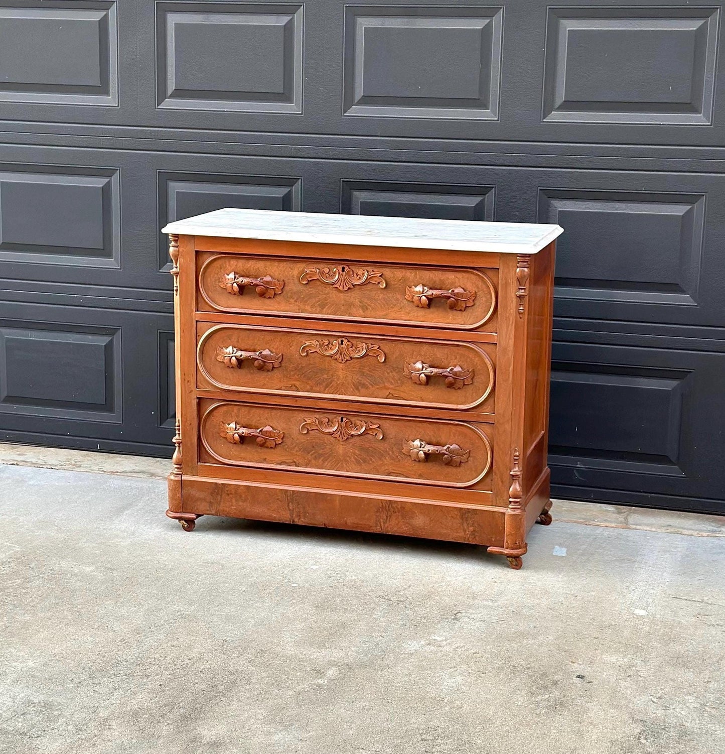 Antique Late 1800's Bookmatched Walnut Wood & White Marble Three Drawer Victorian Dresser on Casters