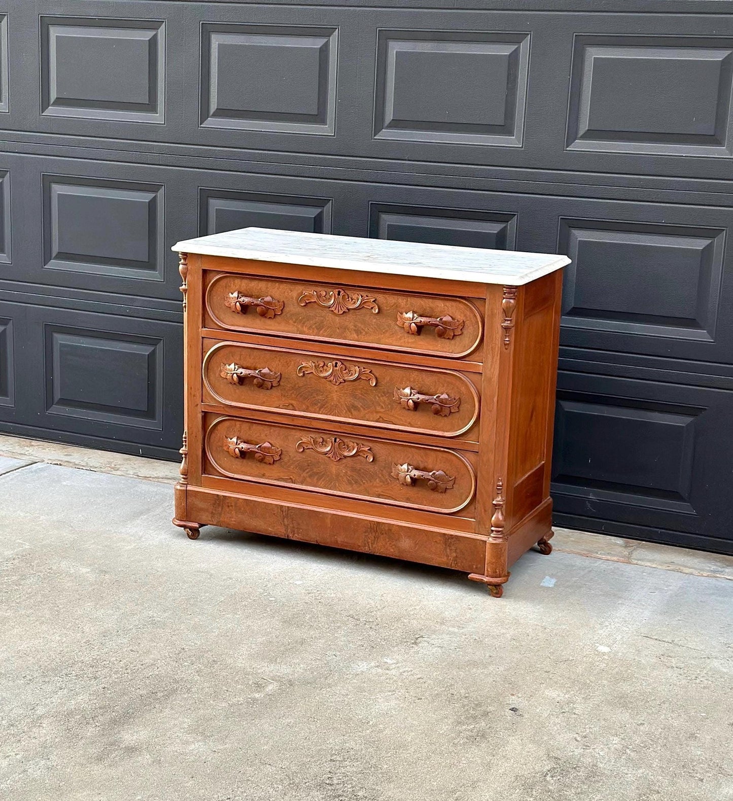 Antique Late 1800's Bookmatched Walnut Wood & White Marble Three Drawer Victorian Dresser on Casters