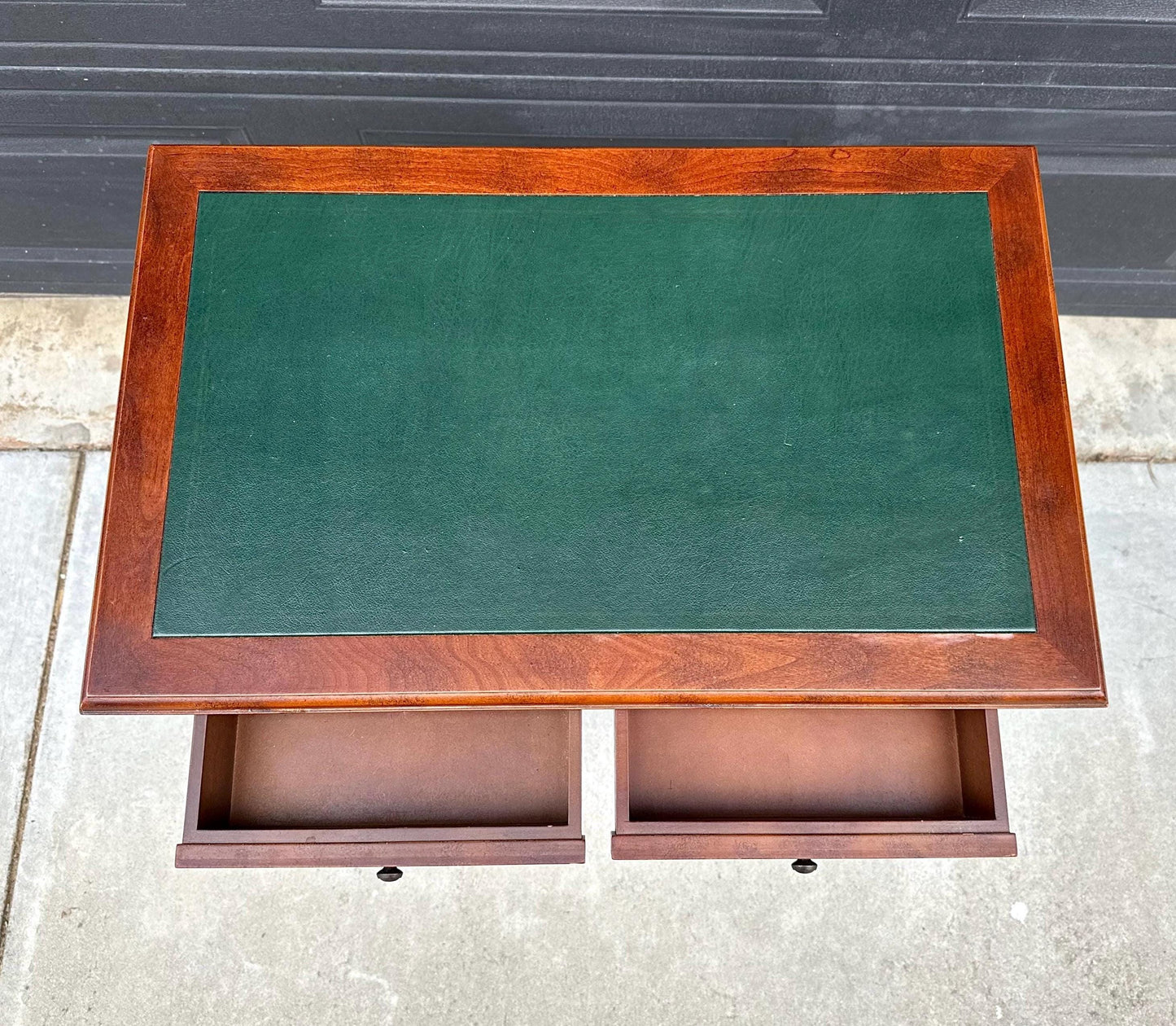 Vintage Late 1900's Green Leather Console Mahogany Wood Accent Table with Drawers
