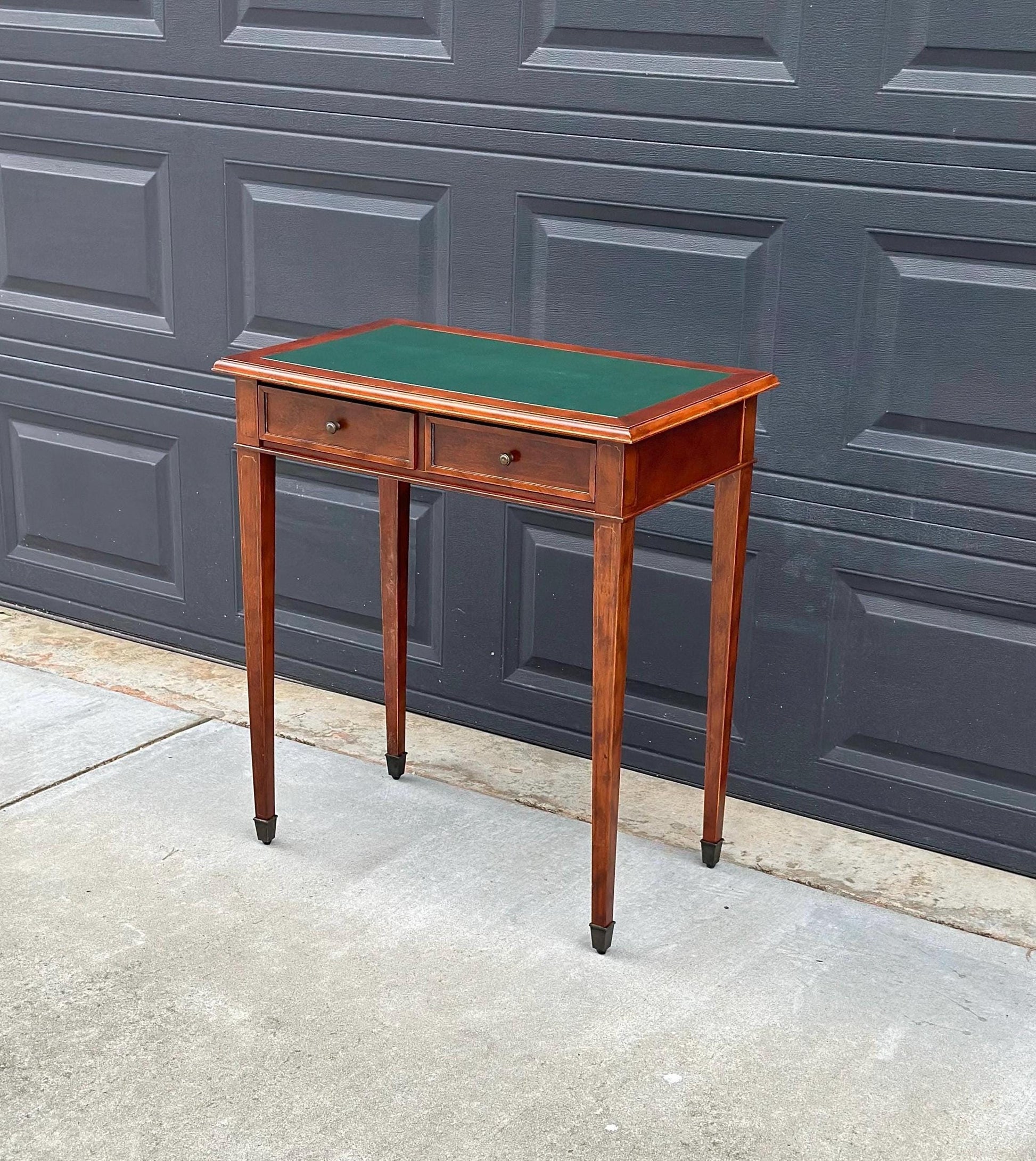 Vintage Late 1900's Green Leather Console Mahogany Wood Accent Table with Drawers