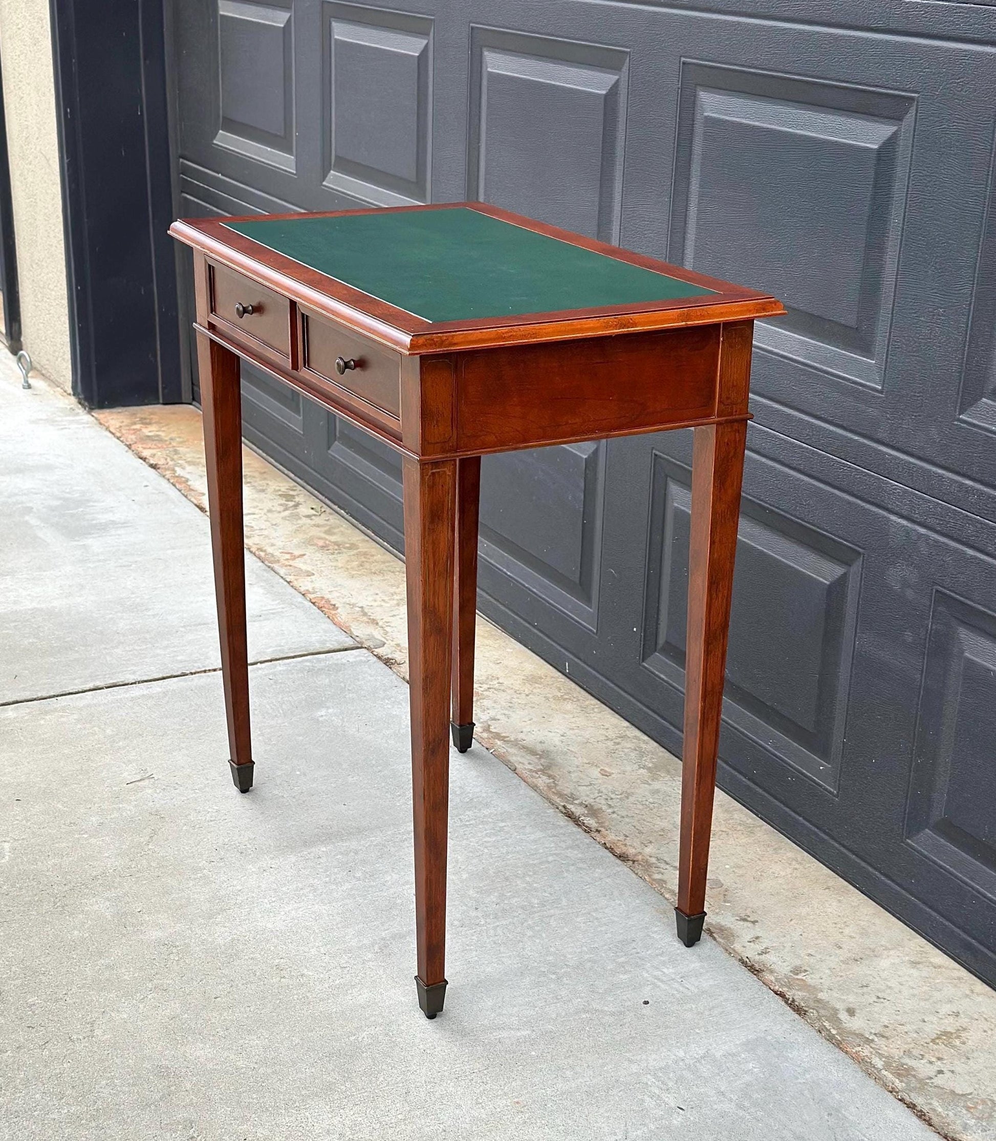 Vintage Late 1900's Green Leather Console Mahogany Wood Accent Table with Drawers
