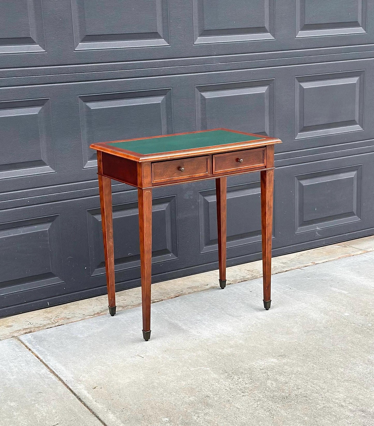 Vintage Late 1900's Green Leather Console Mahogany Wood Accent Table with Drawers