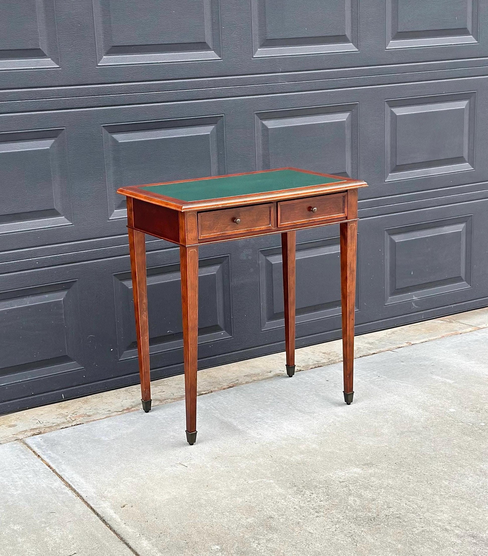 Vintage Late 1900's Green Leather Console Mahogany Wood Accent Table with Drawers