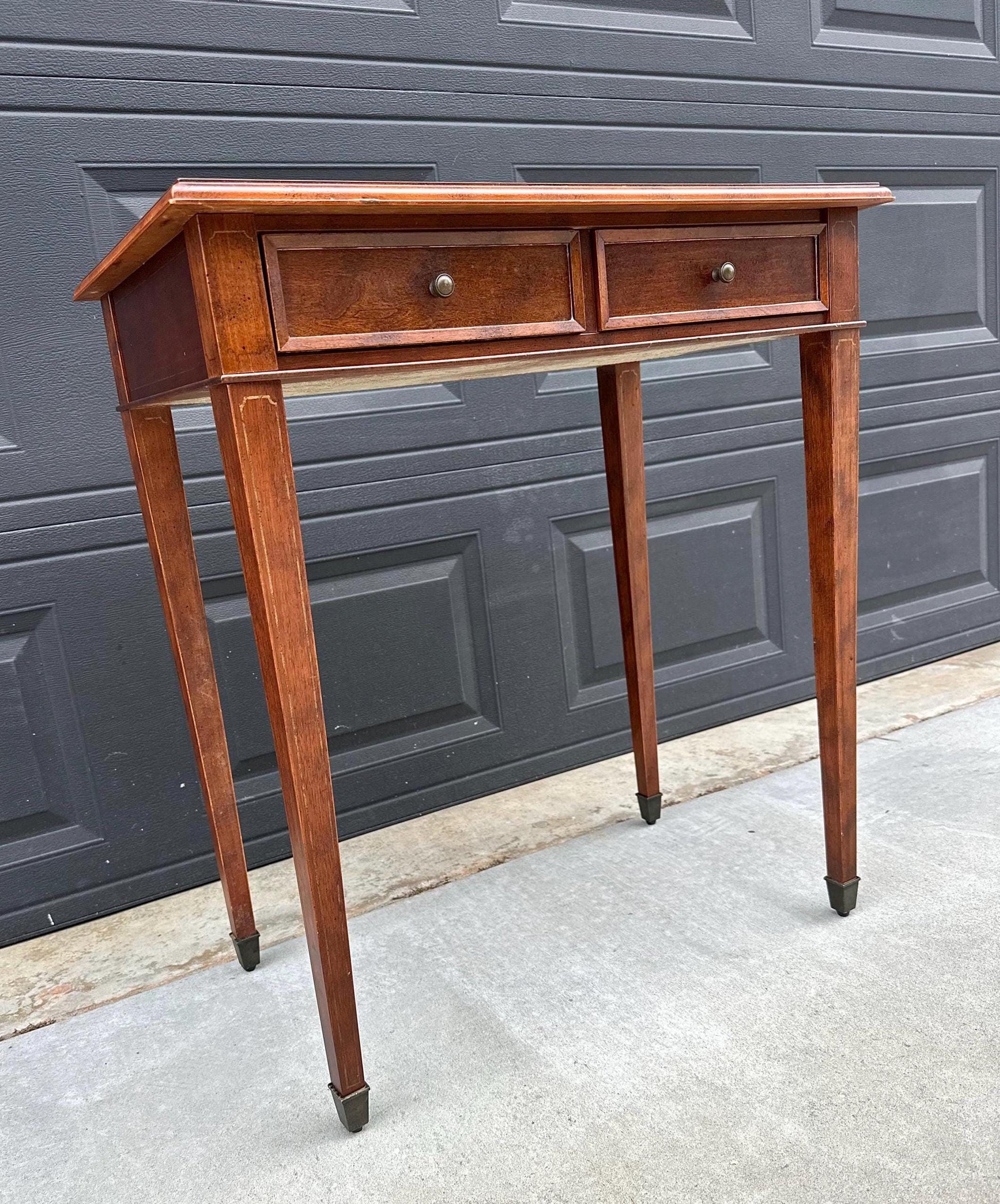 Vintage Late 1900's Green Leather Console Mahogany Wood Accent Table with Drawers