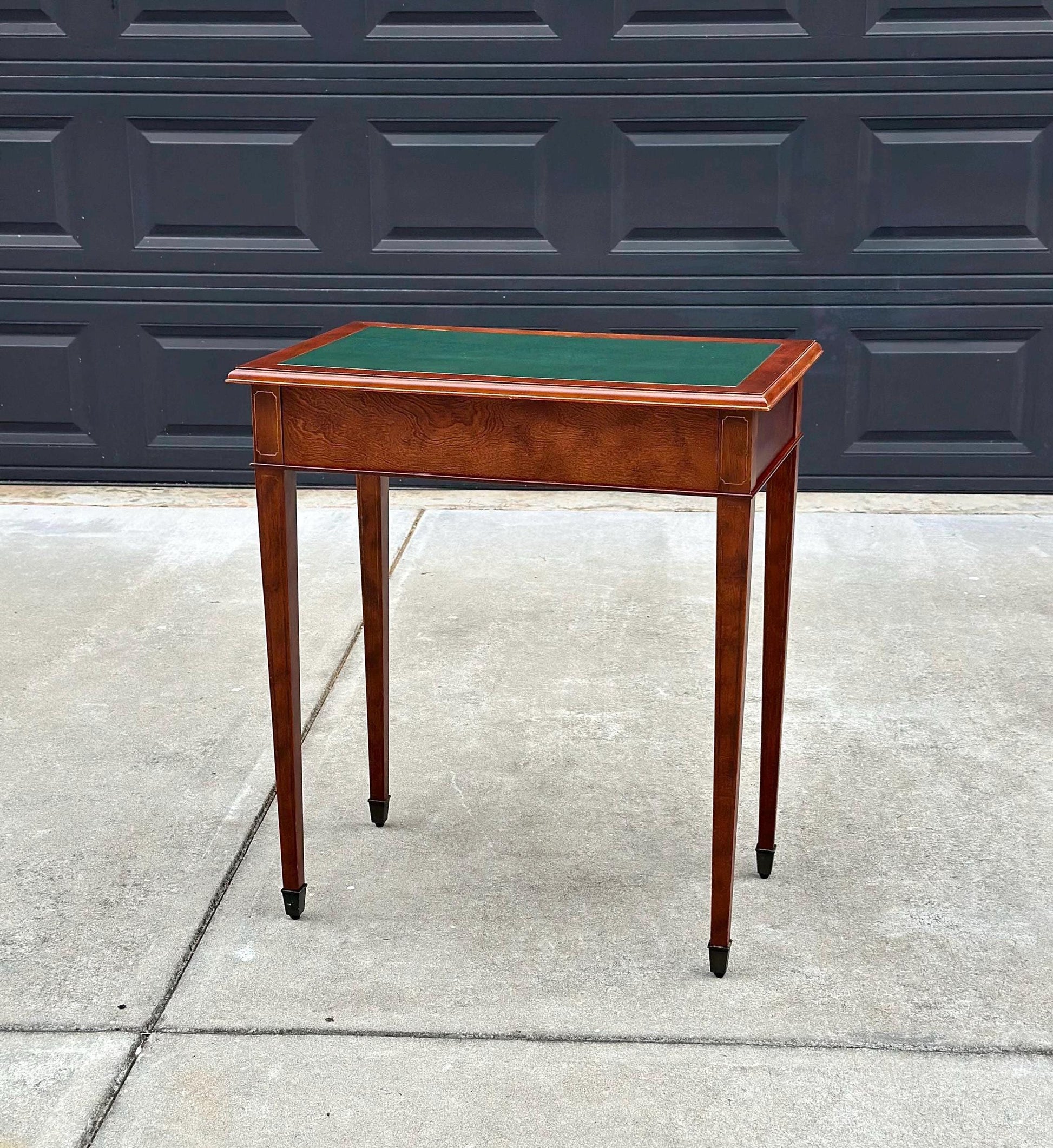 Vintage Late 1900's Green Leather Console Mahogany Wood Accent Table with Drawers
