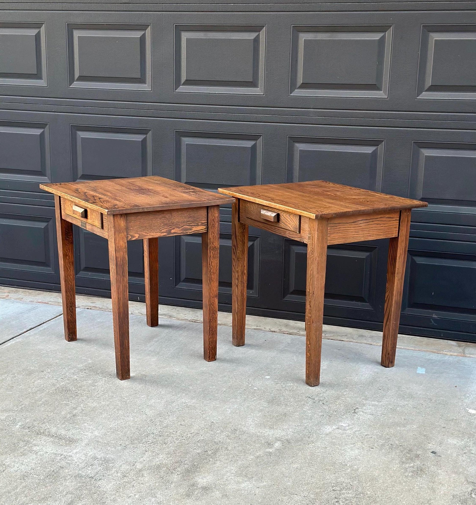 Antique Early 1900's Solid Wood Craftsman Large Oak End Tables - a Pair