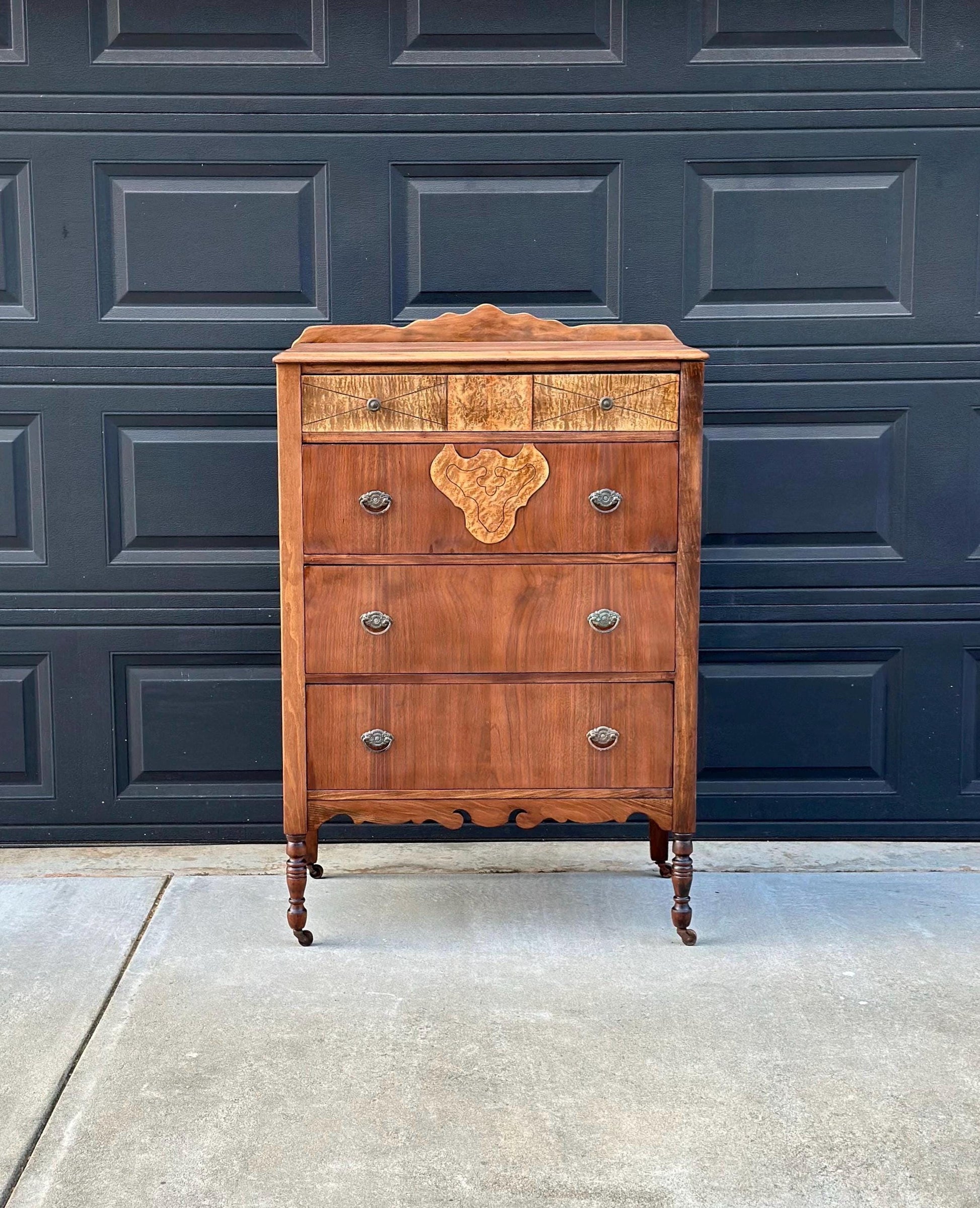 Antique Late 1800's Solid Black Cherry & Burl Maple Wood Four Drawer Tallboy Dresser on Casters