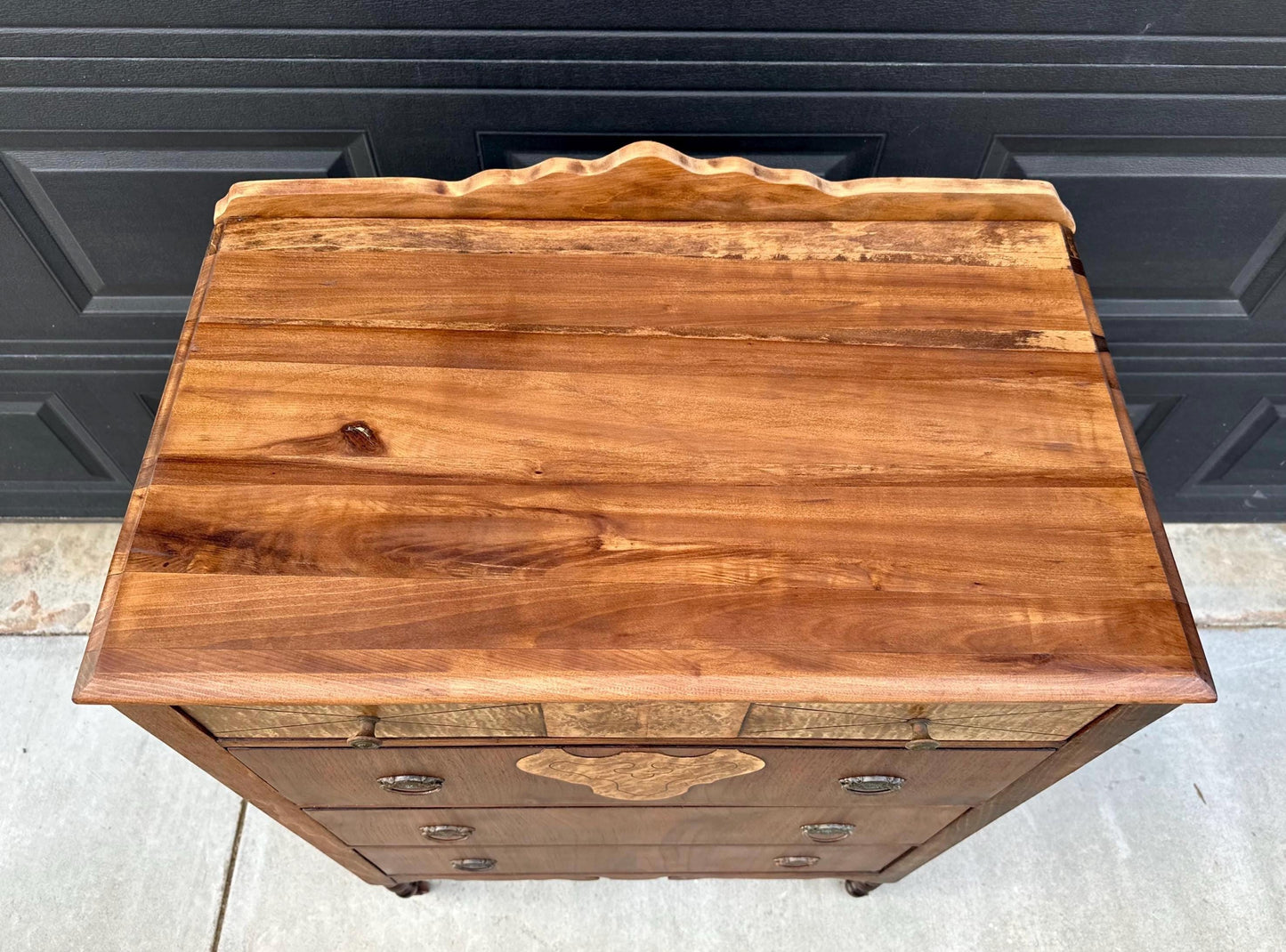 Antique Late 1800's Solid Black Cherry & Burl Maple Wood Four Drawer Tallboy Dresser on Casters