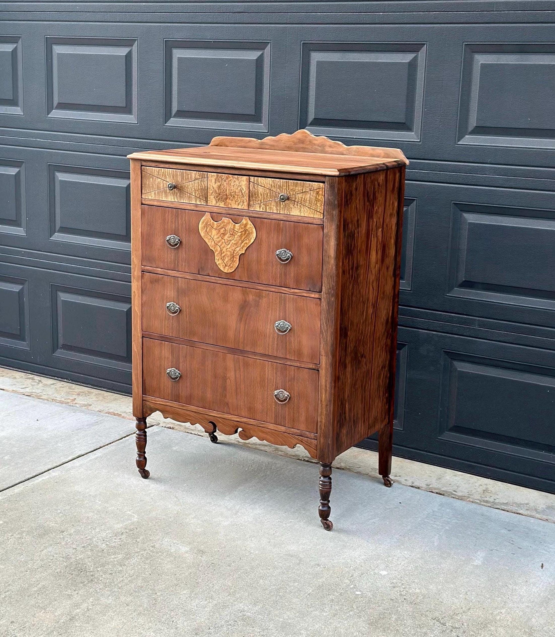 Antique Late 1800's Solid Black Cherry & Burl Maple Wood Four Drawer Tallboy Dresser on Casters