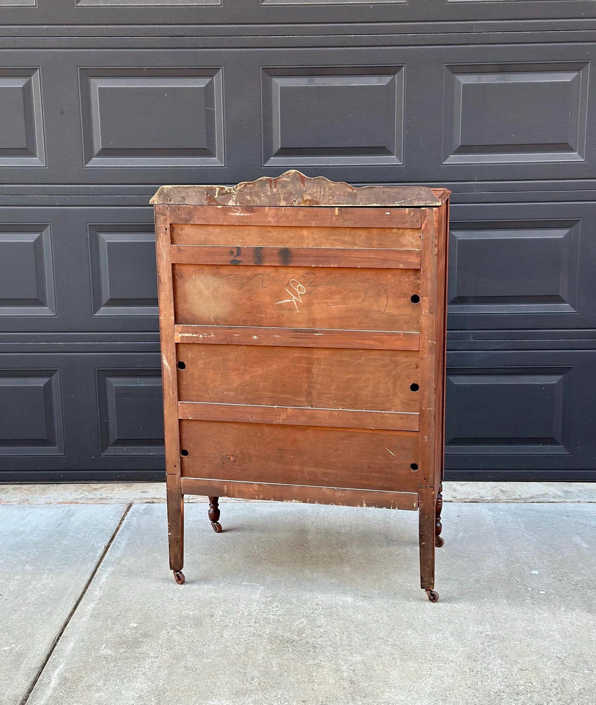 Antique Late 1800's Solid Black Cherry & Burl Maple Wood Four Drawer Tallboy Dresser on Casters