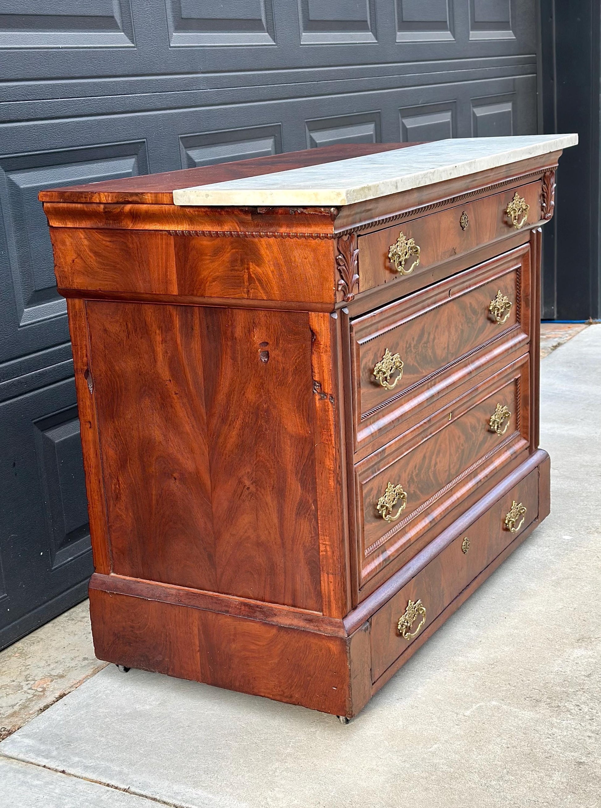 Antique Mid 1800's Crotch Mahogany Wood & White Marble Empire Chest of Drawers on Casters