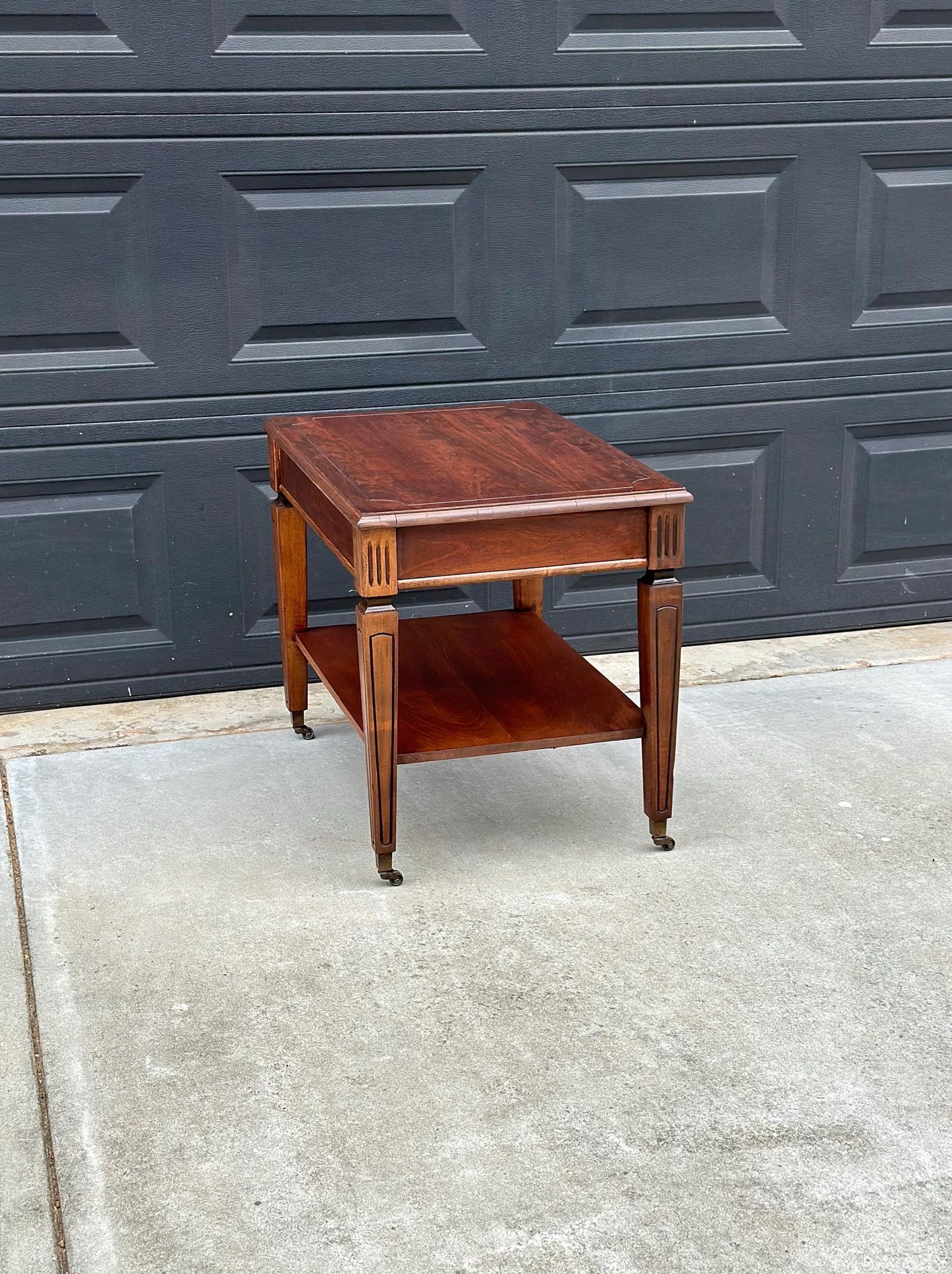 Antique Early 1900's Mahogany Wood Two Tier Open Shelf Fluted Side Table on Casters