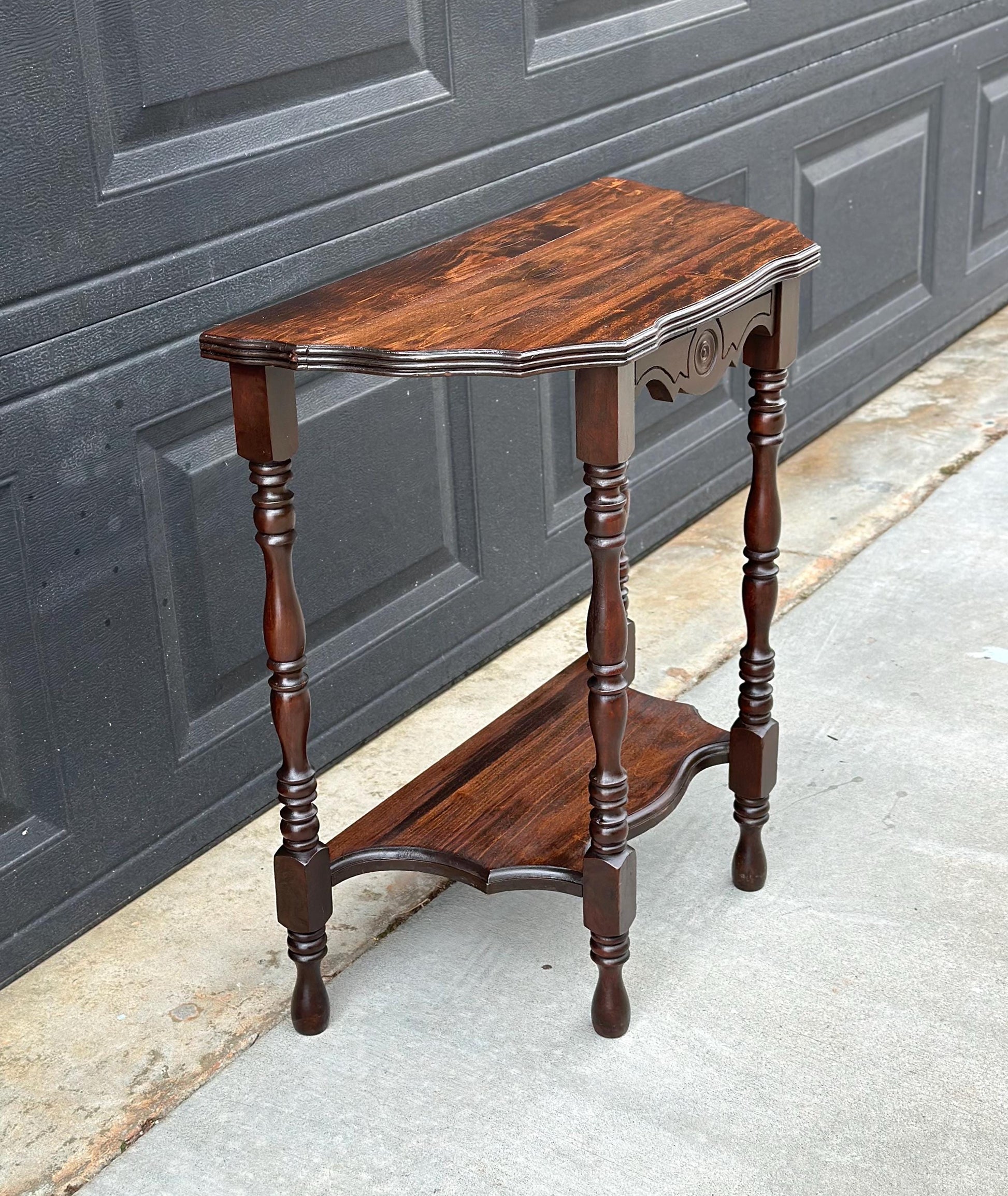 Antique Early 1900's Solid Wood Half Moon Spindle Leg Two Tier Cherry Wall Table