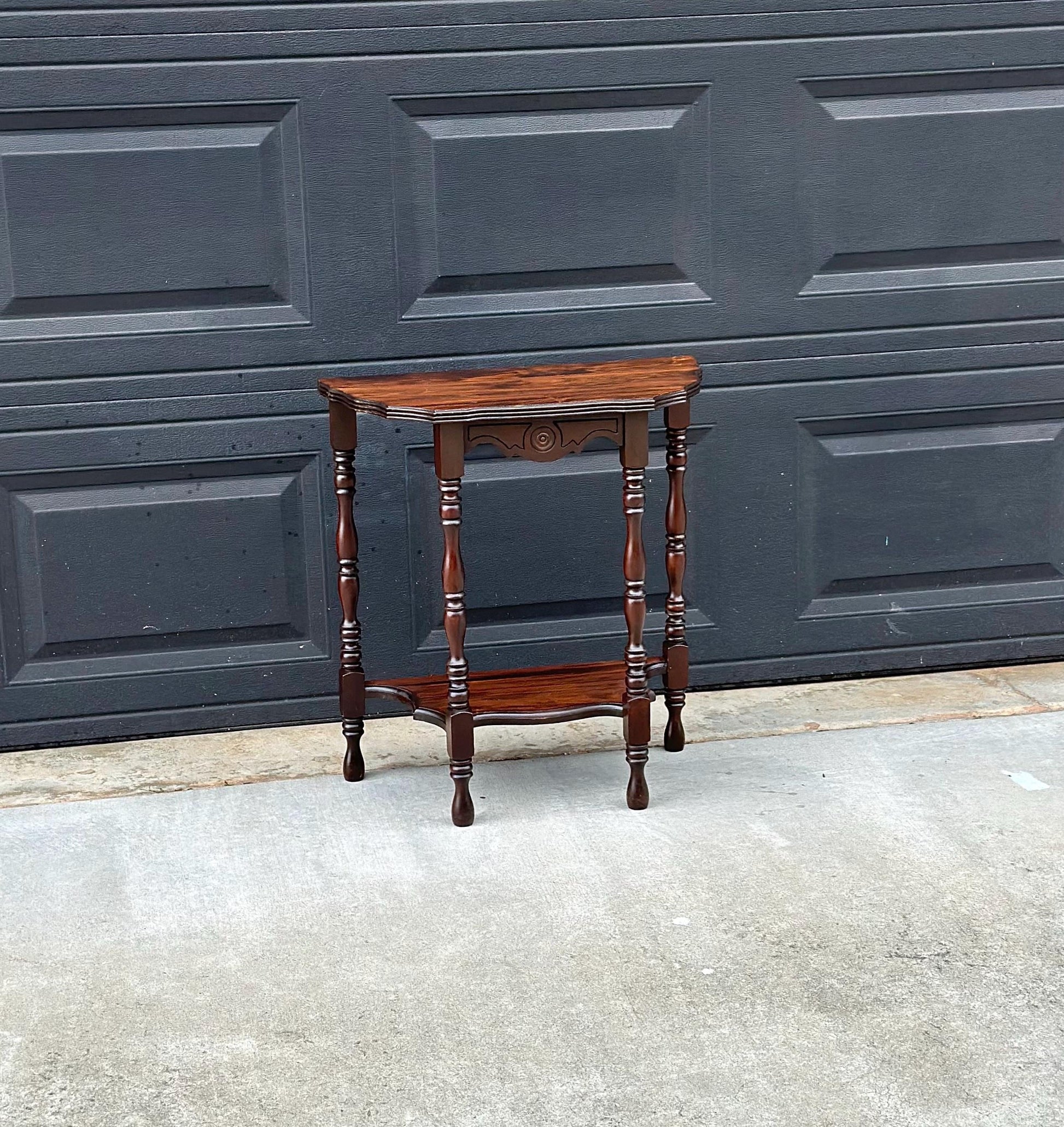 Antique Early 1900's Solid Wood Half Moon Spindle Leg Two Tier Cherry Wall Table
