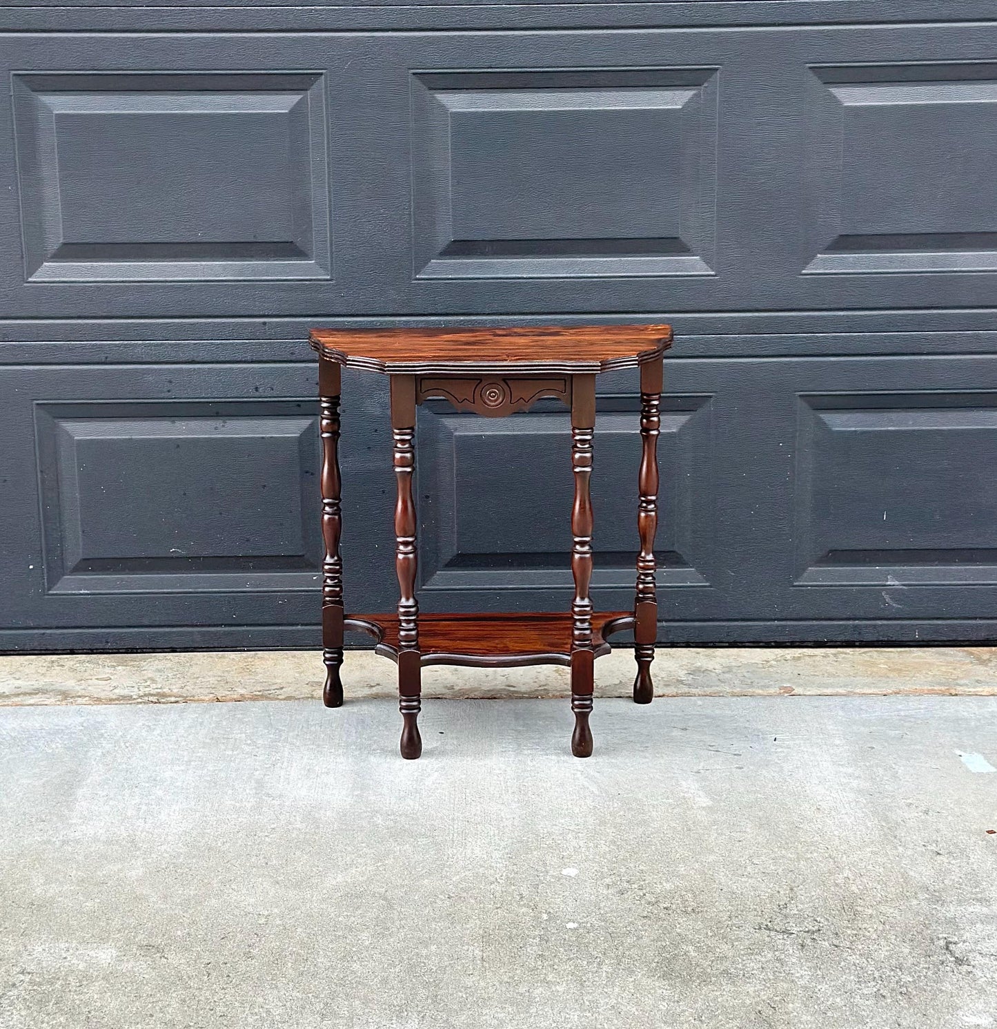 Antique Early 1900's Solid Wood Half Moon Spindle Leg Two Tier Cherry Wall Table