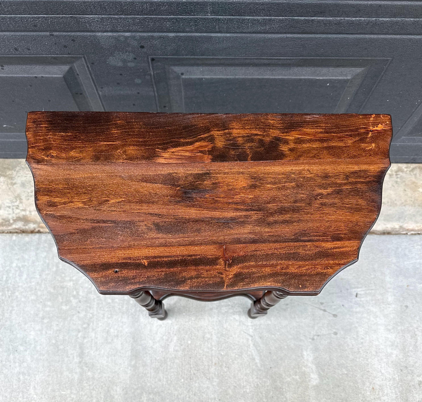 Antique Early 1900's Solid Wood Half Moon Spindle Leg Two Tier Cherry Wall Table