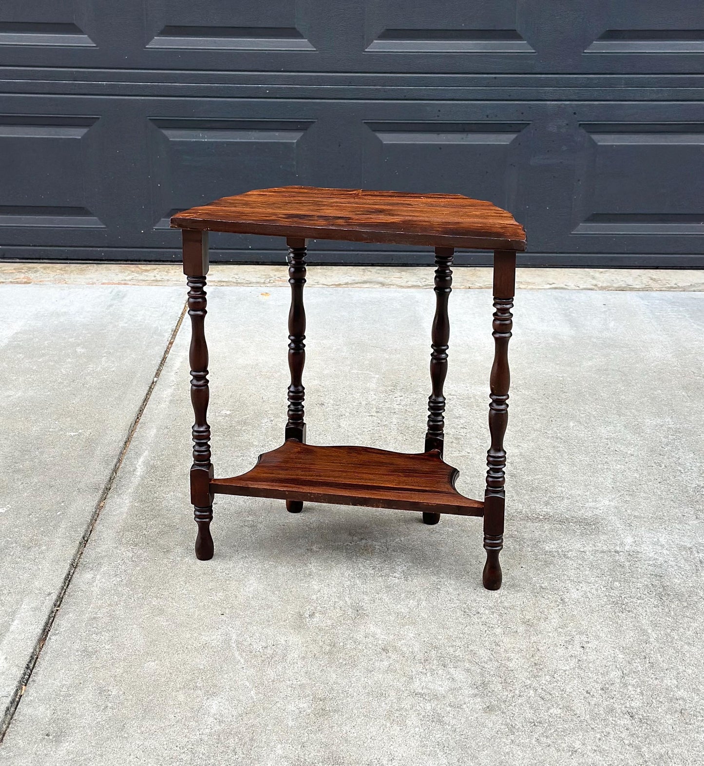 Antique Early 1900's Solid Wood Half Moon Spindle Leg Two Tier Cherry Wall Table