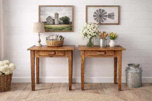 Antique Early 1900's Solid Wood Craftsman Large Oak End Tables - a Pair