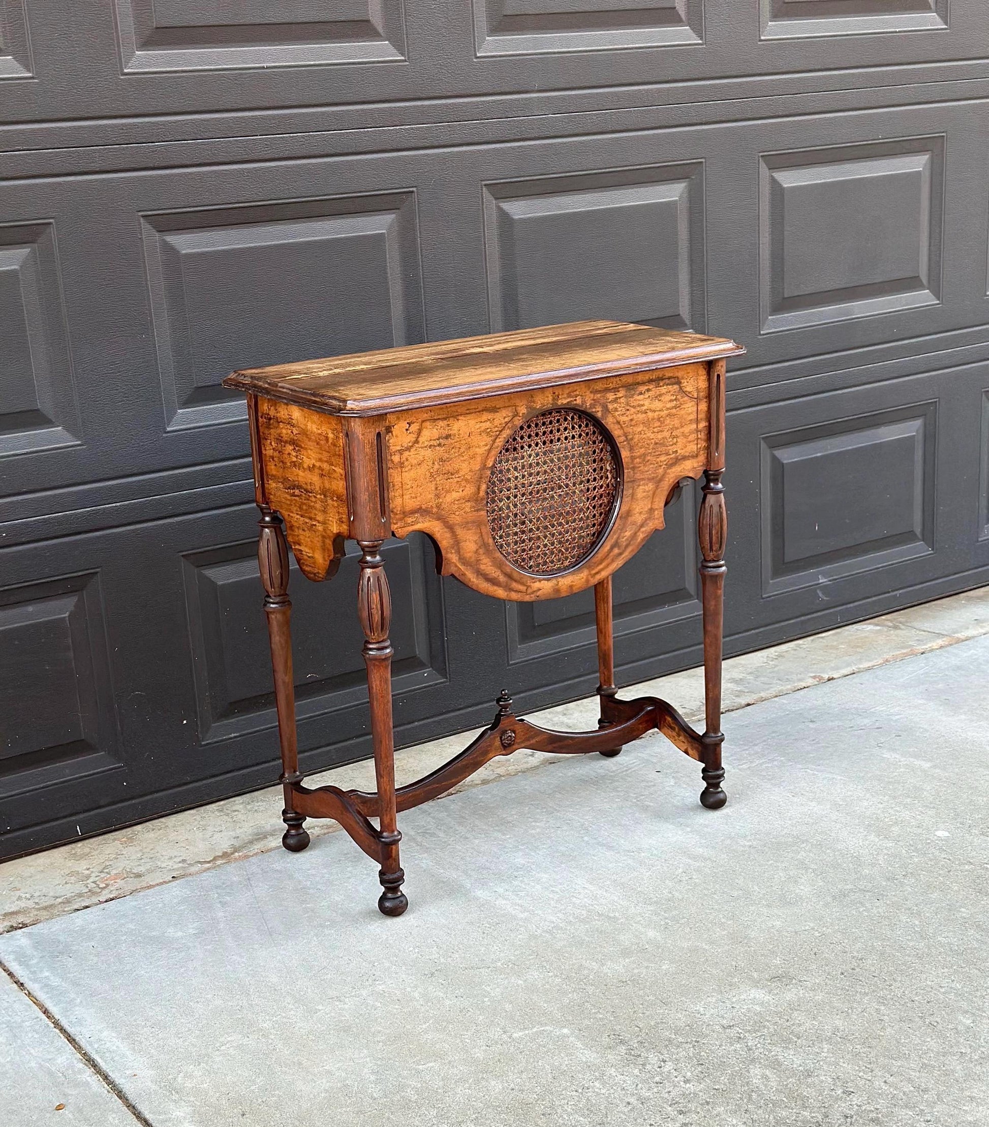 Antique Early 1900's Solid Wood Walnut & Cane Medallion English Hall Entry Table