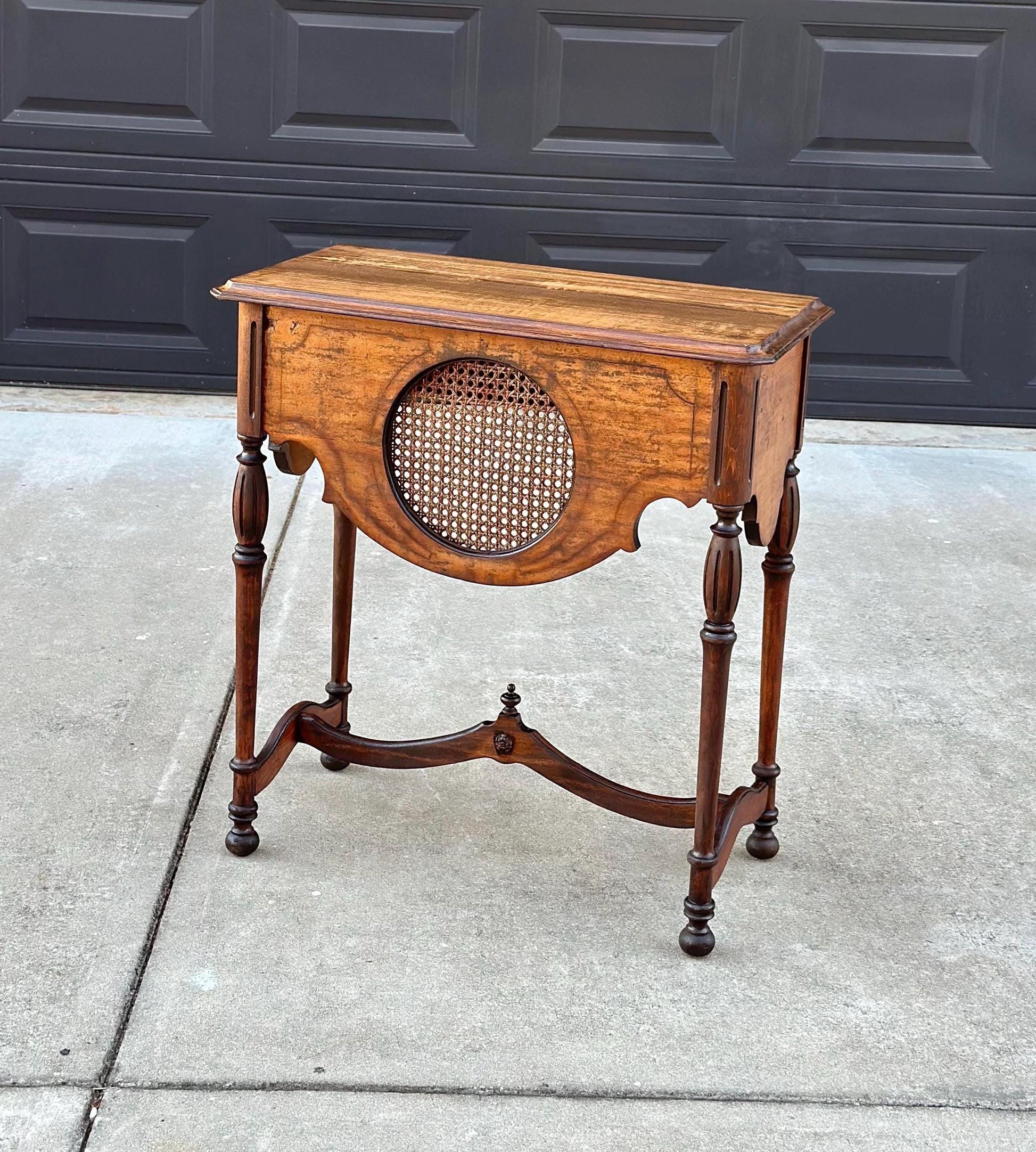 Antique Early 1900's Solid Wood Walnut & Cane Medallion English Hall Entry Table