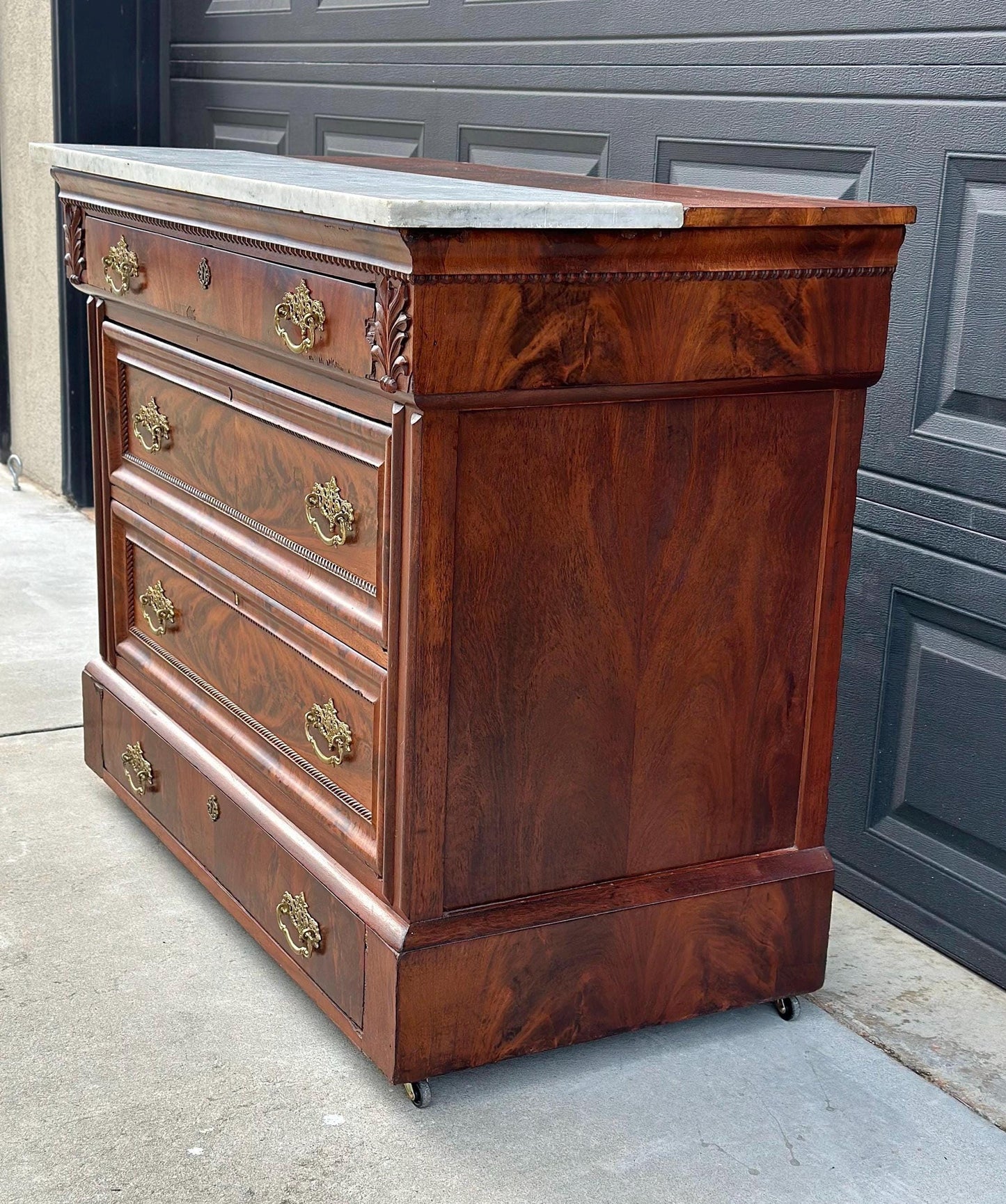 Antique Mid 1800's Crotch Mahogany Wood & White Marble Empire Chest of Drawers on Casters