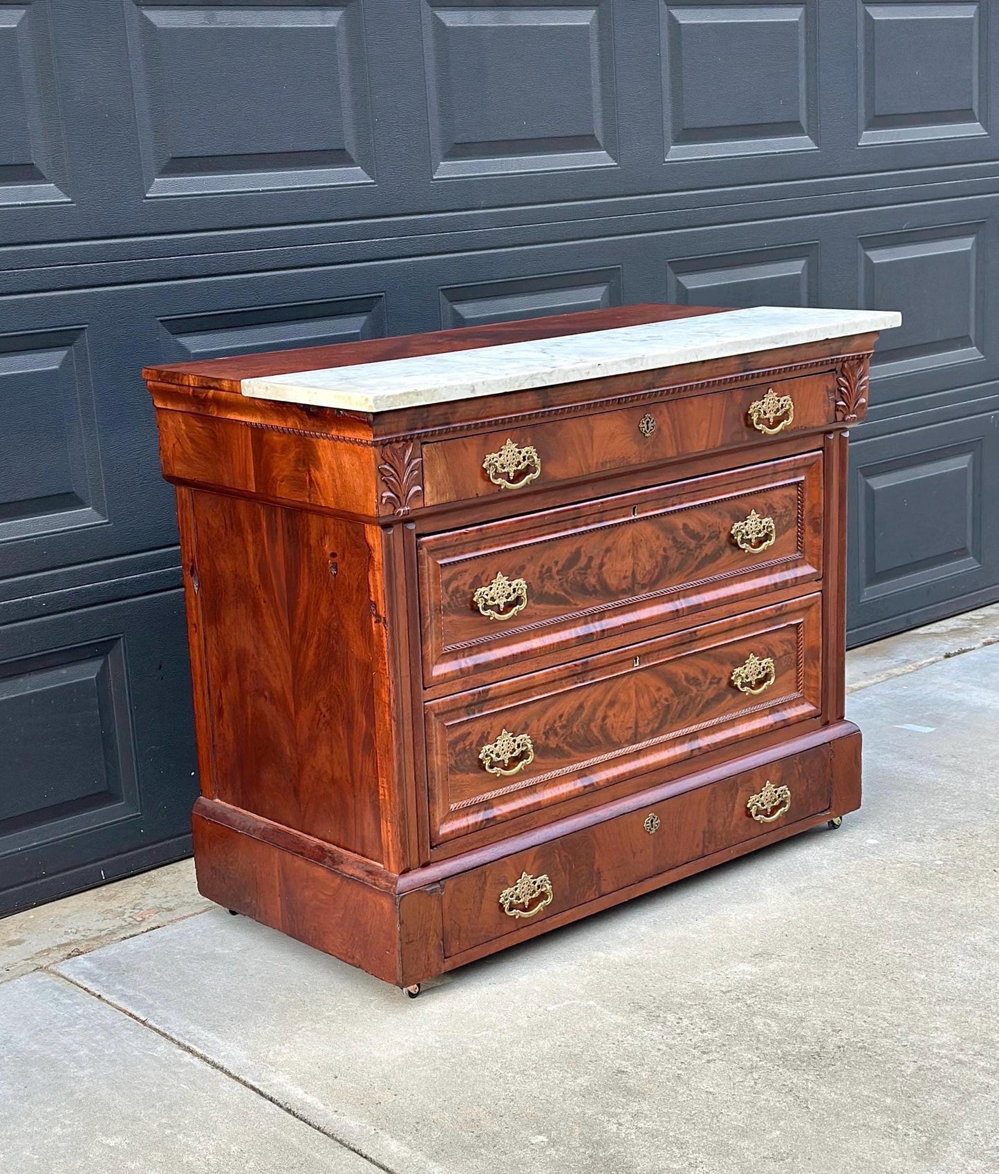 Antique Mid 1800's Crotch Mahogany Wood & White Marble Empire Chest of Drawers on Casters