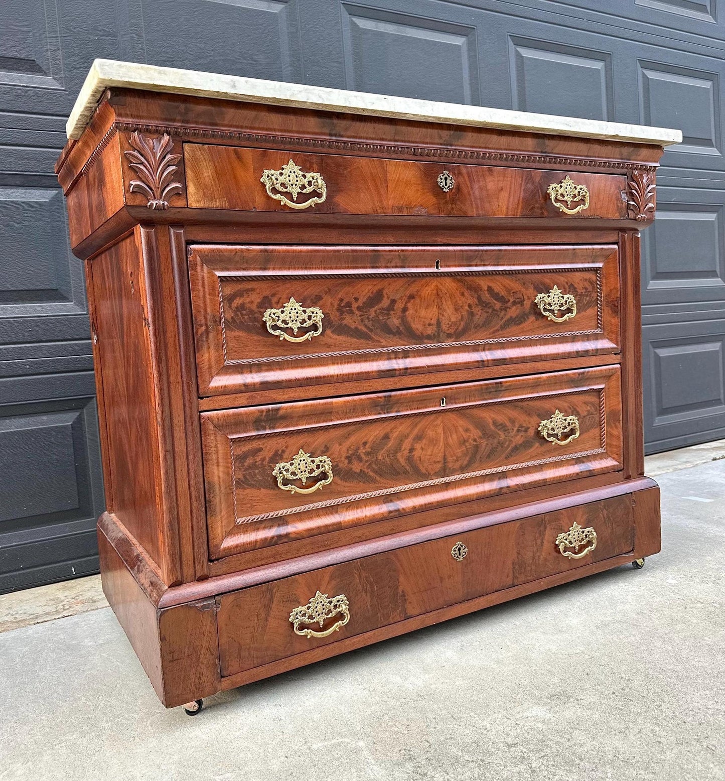 Antique Mid 1800's Crotch Mahogany Wood & White Marble Empire Chest of Drawers on Casters