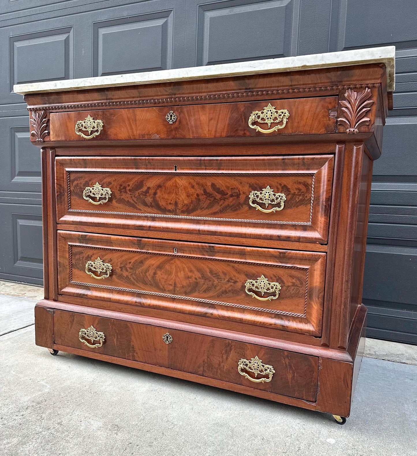 Antique Mid 1800's Crotch Mahogany Wood & White Marble Empire Chest of Drawers on Casters