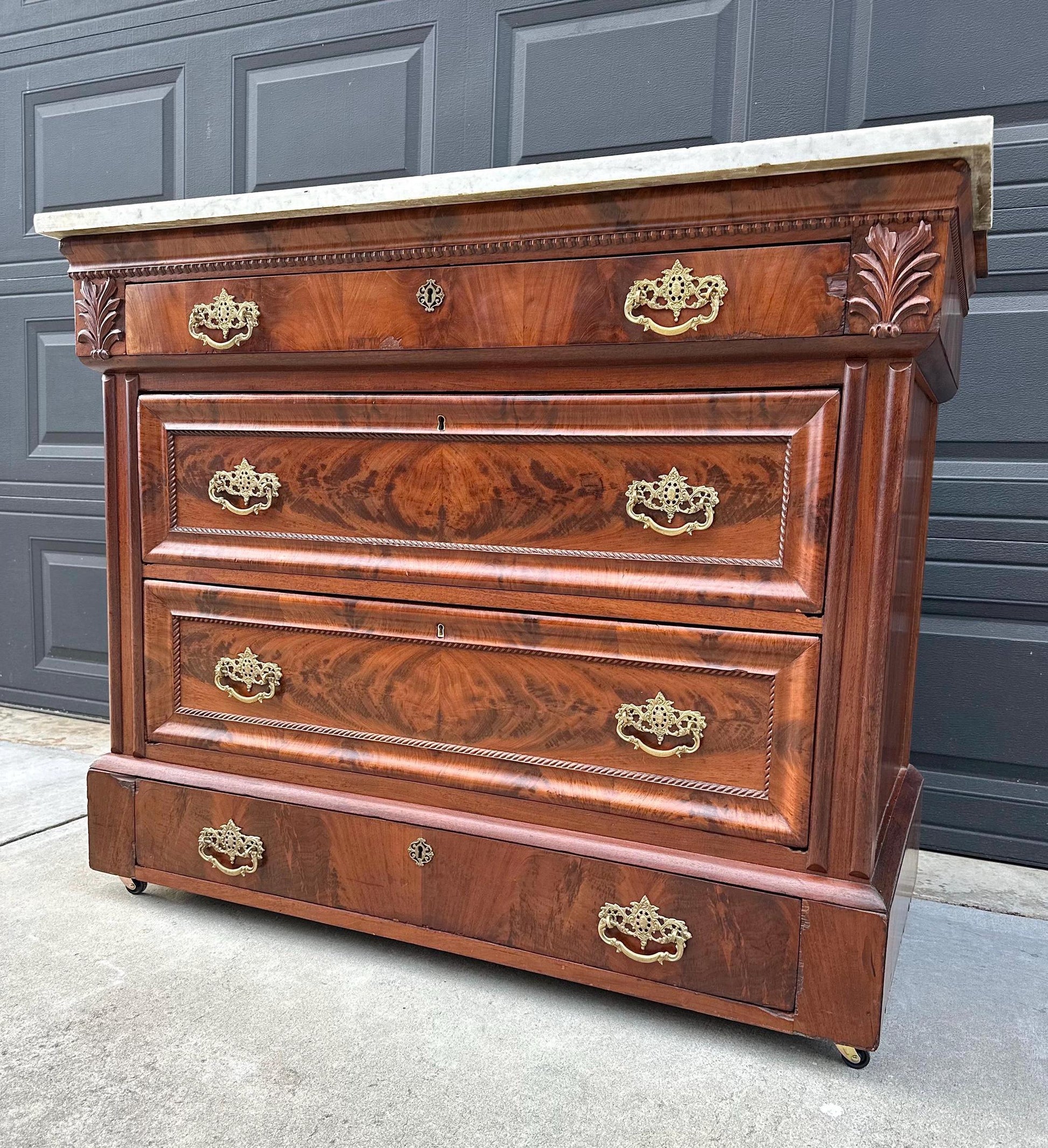 Antique Mid 1800's Crotch Mahogany Wood & White Marble Empire Chest of Drawers on Casters