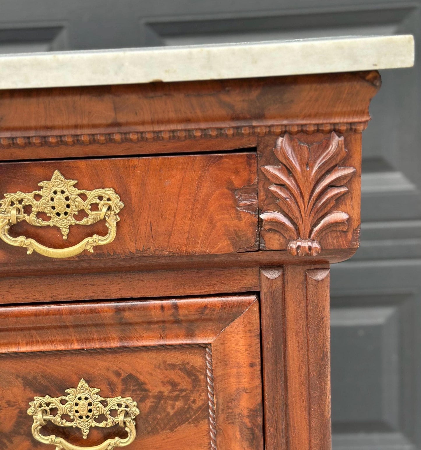 Antique Mid 1800's Crotch Mahogany Wood & White Marble Empire Chest of Drawers on Casters