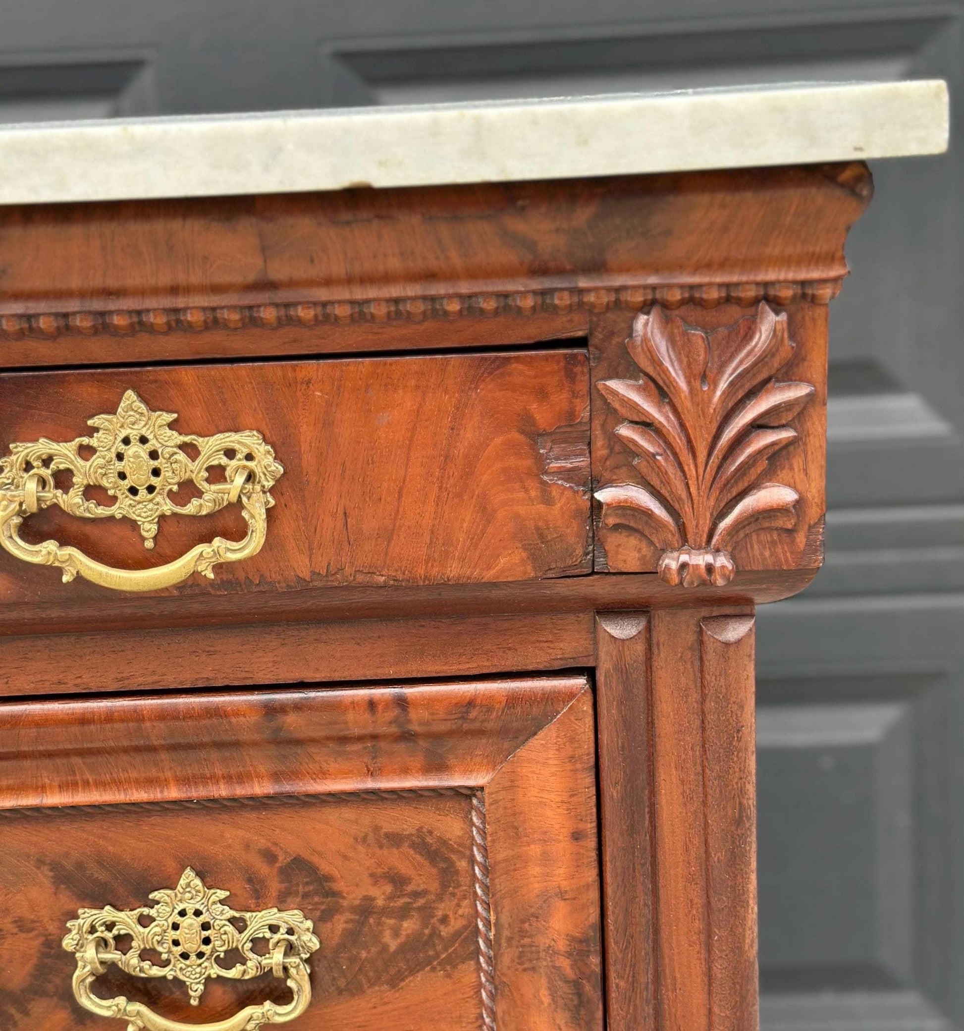 Antique Mid 1800's Crotch Mahogany Wood & White Marble Empire Chest of Drawers on Casters
