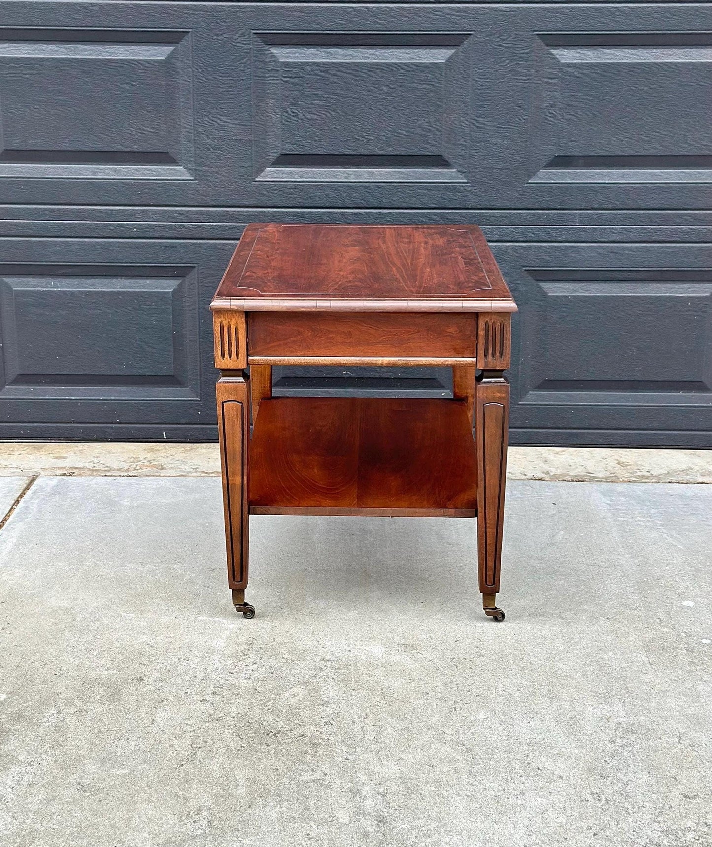 Antique Early 1900's Mahogany Wood Two Tier Open Shelf Fluted Side Table on Casters