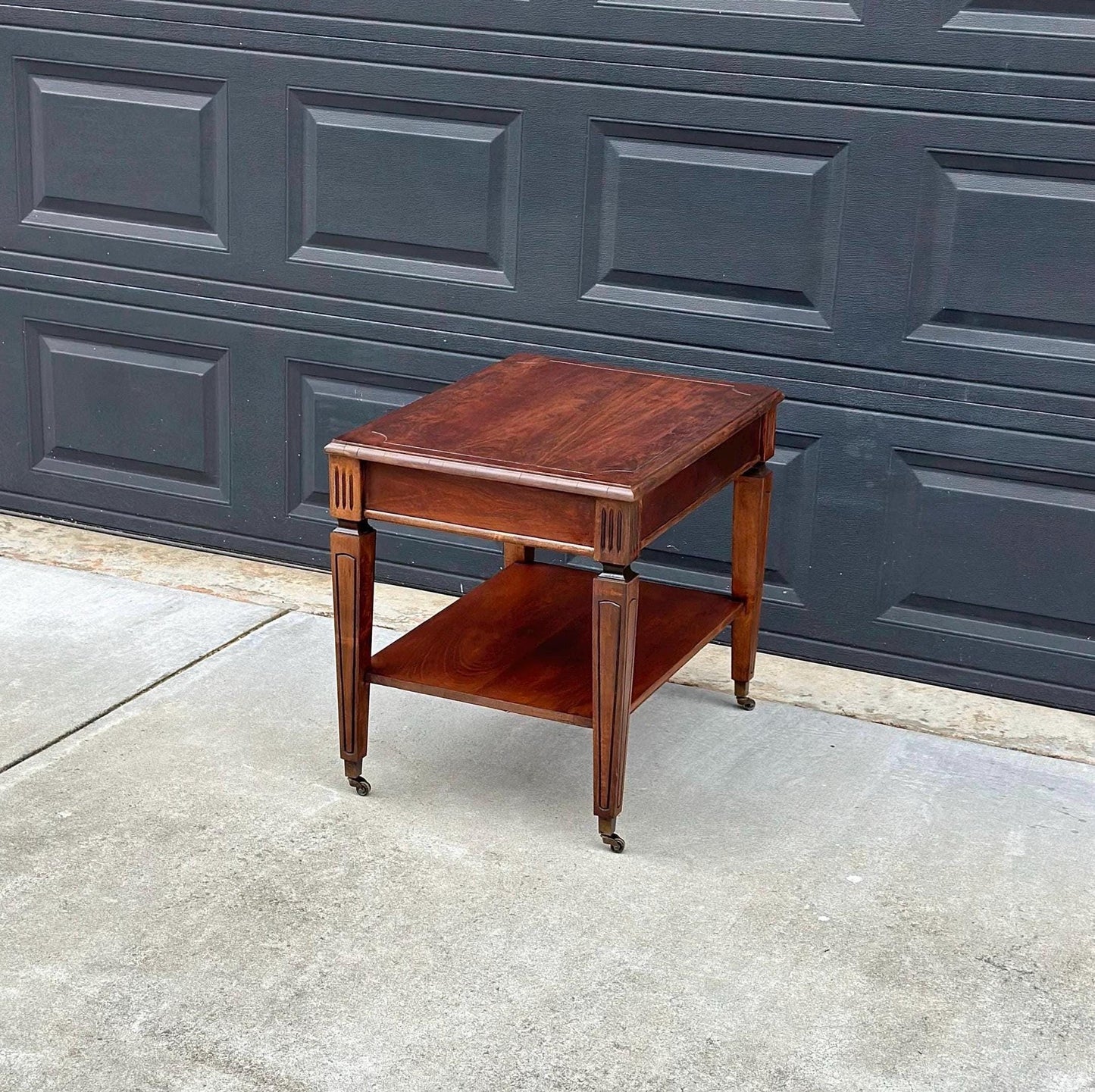 Antique Early 1900's Mahogany Wood Two Tier Open Shelf Fluted Side Table on Casters