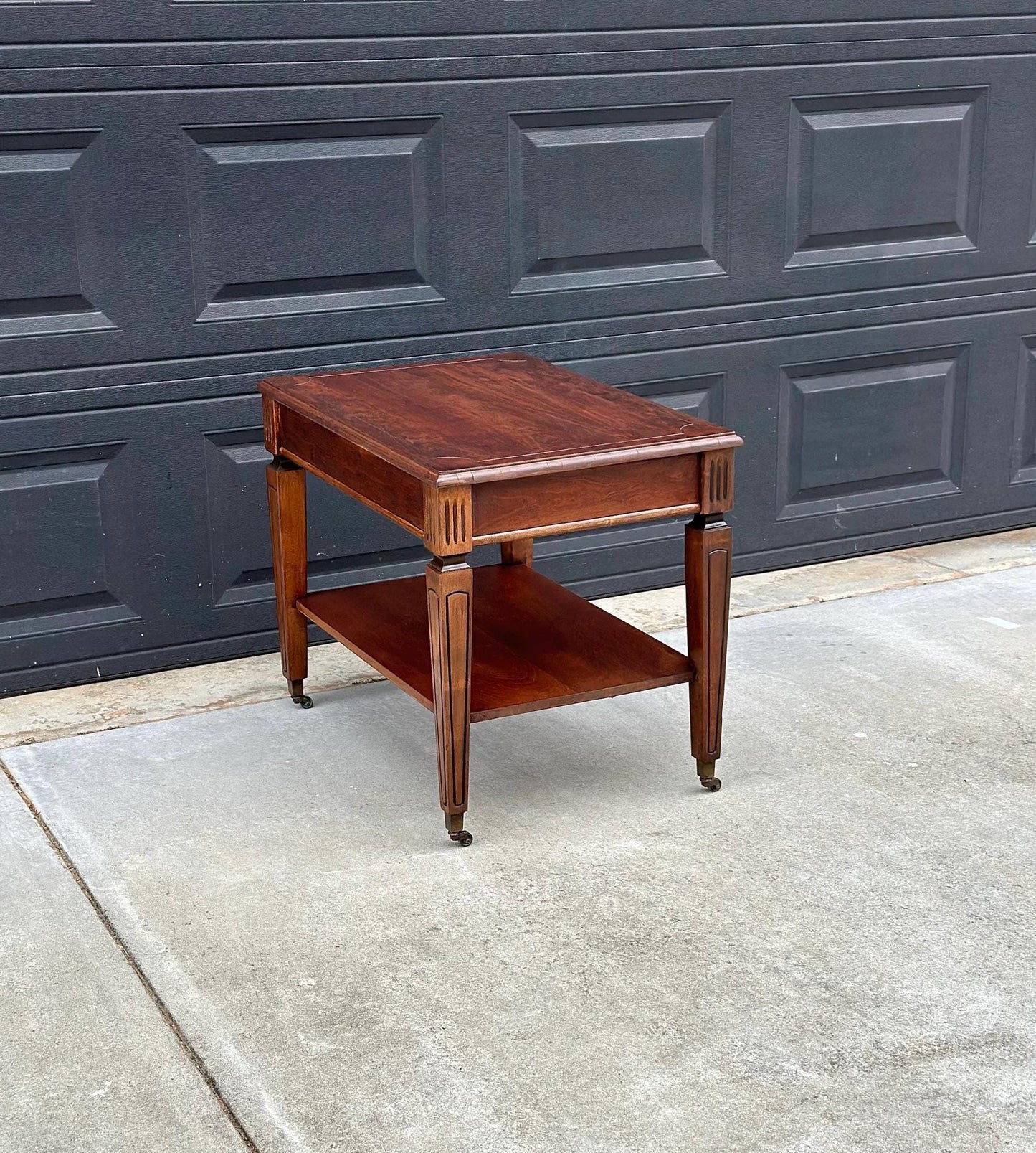 Antique Early 1900's Mahogany Wood Two Tier Open Shelf Fluted Side Table on Casters