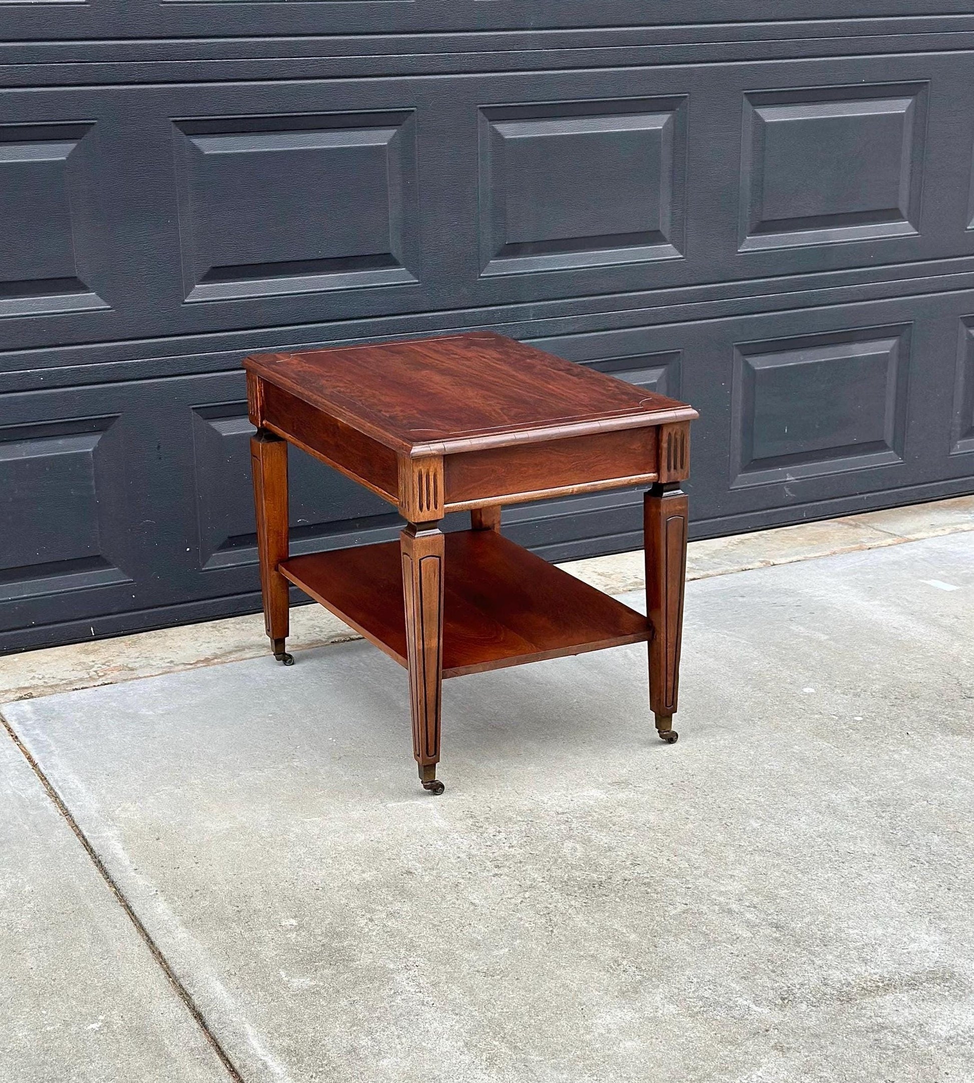 Antique Early 1900's Mahogany Wood Two Tier Open Shelf Fluted Side Table on Casters