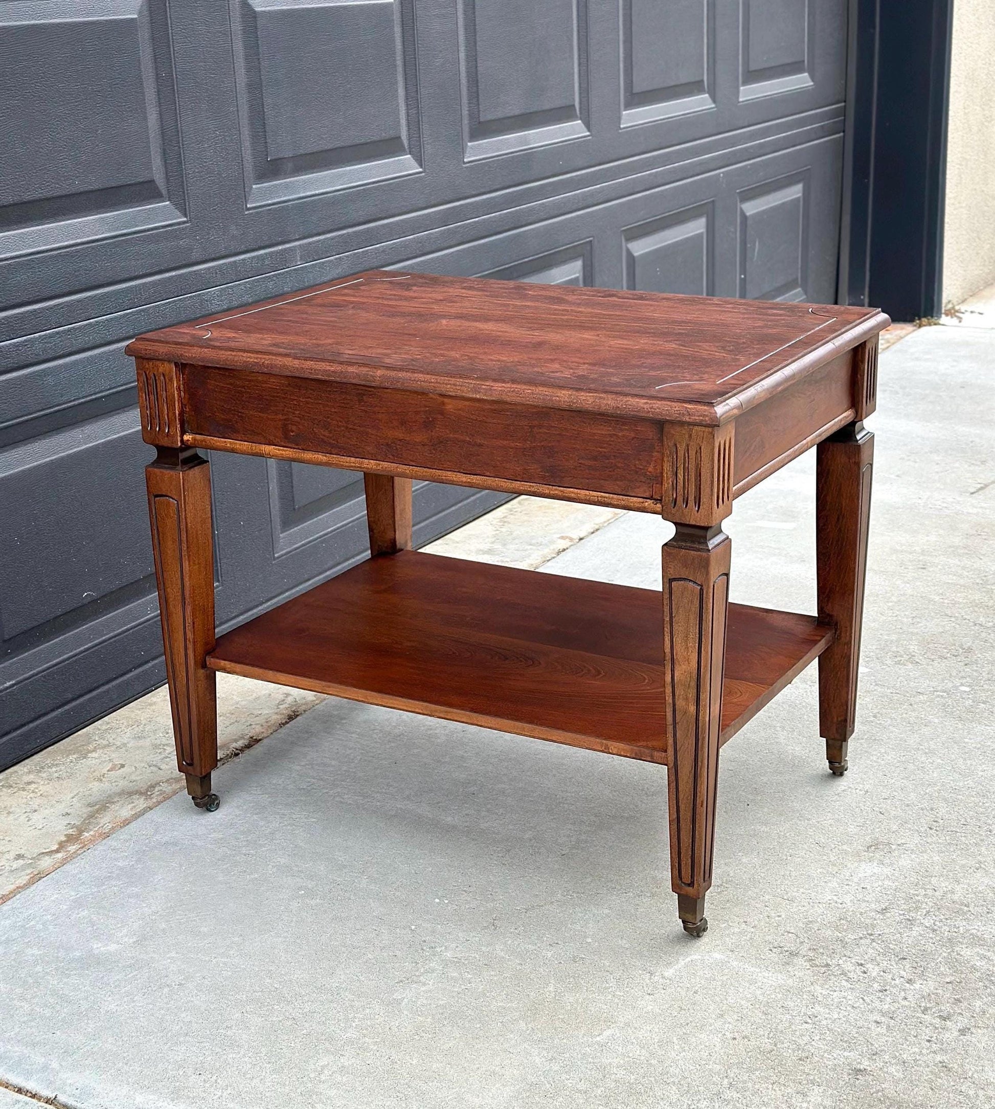 Antique Early 1900's Mahogany Wood Two Tier Open Shelf Fluted Side Table on Casters