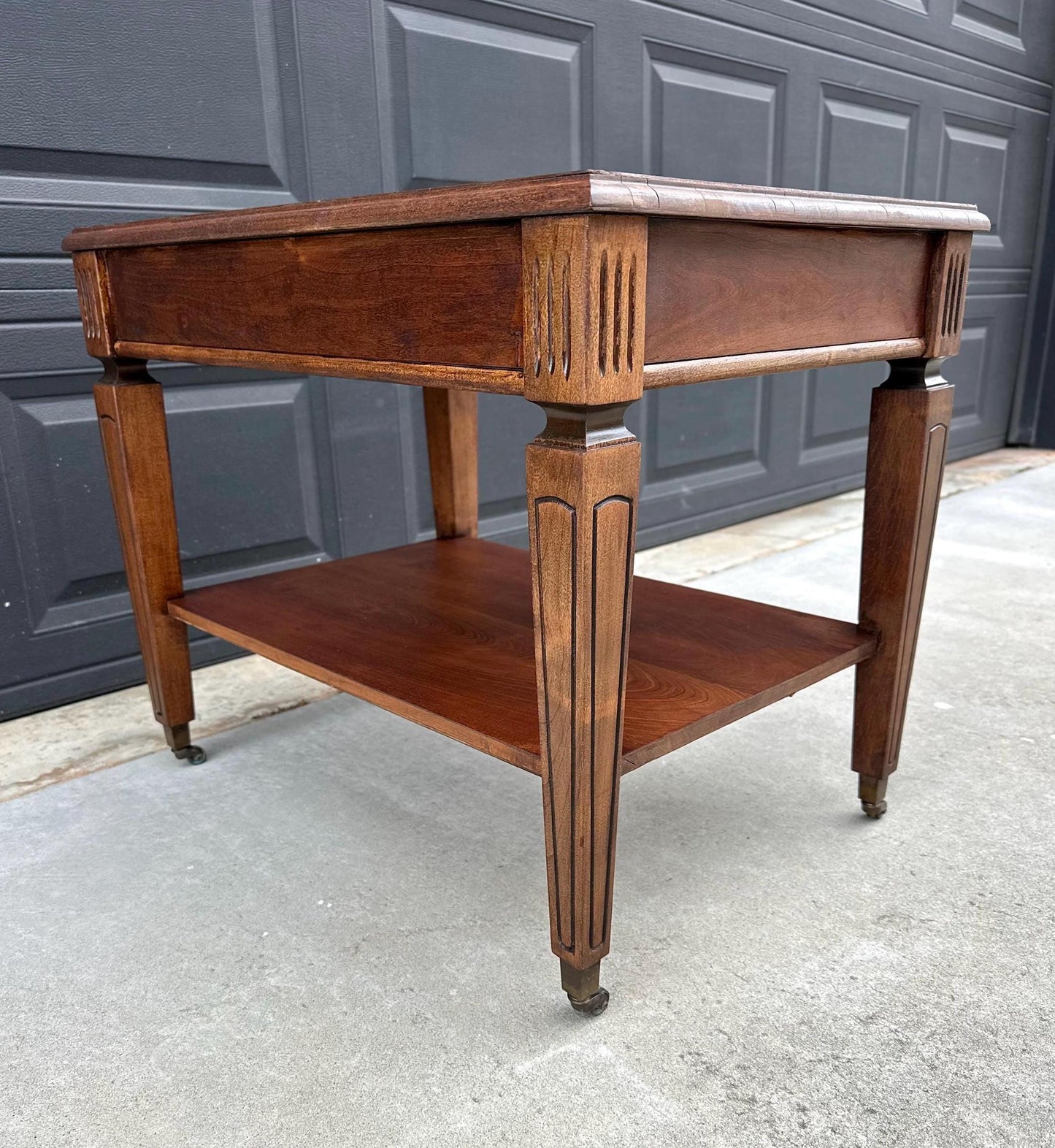 Antique Early 1900's Mahogany Wood Two Tier Open Shelf Fluted Side Table on Casters