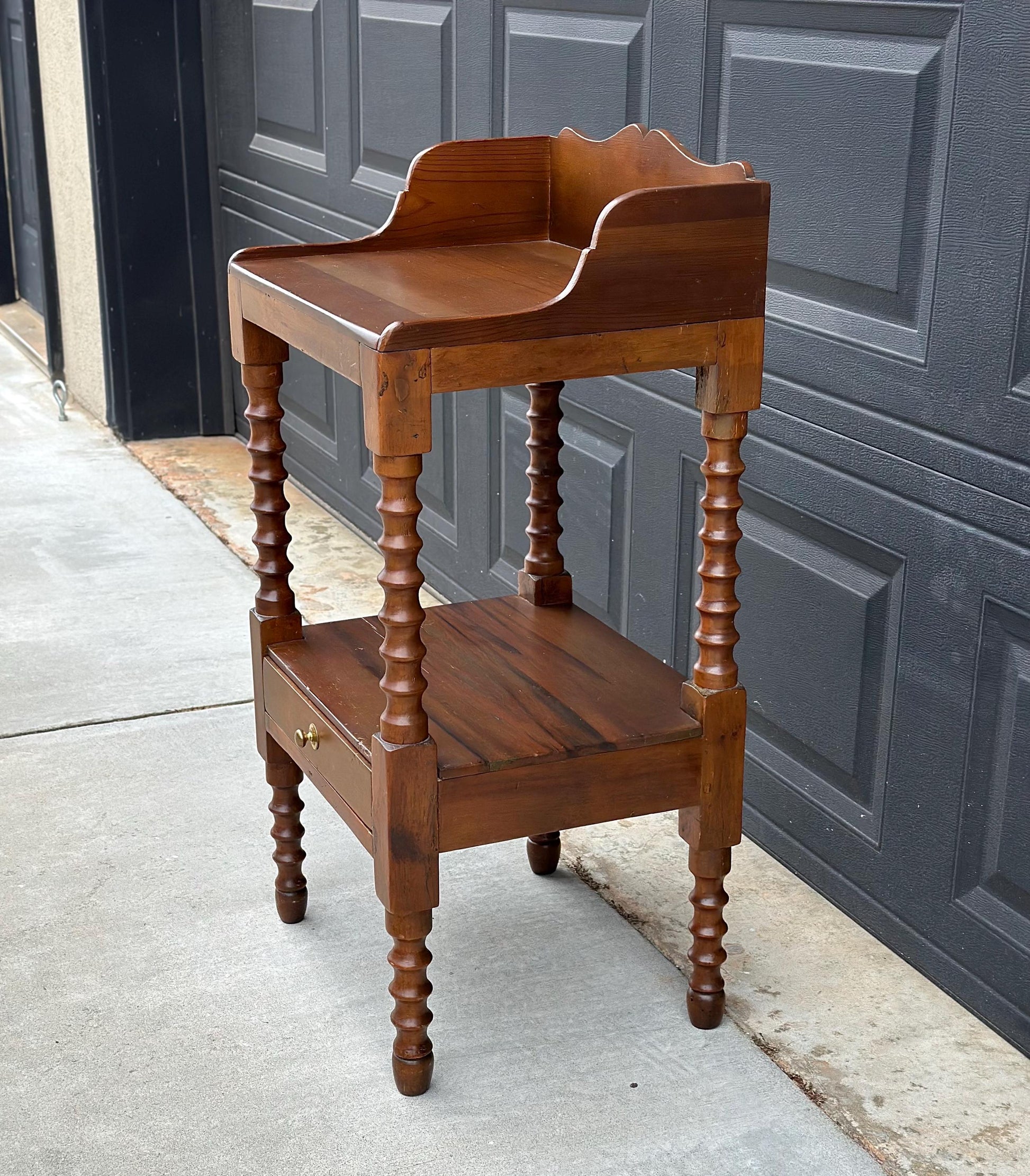 Antique Early 1900's Spindle Leg Solid Wood Two Tier Single Drawer Side Table