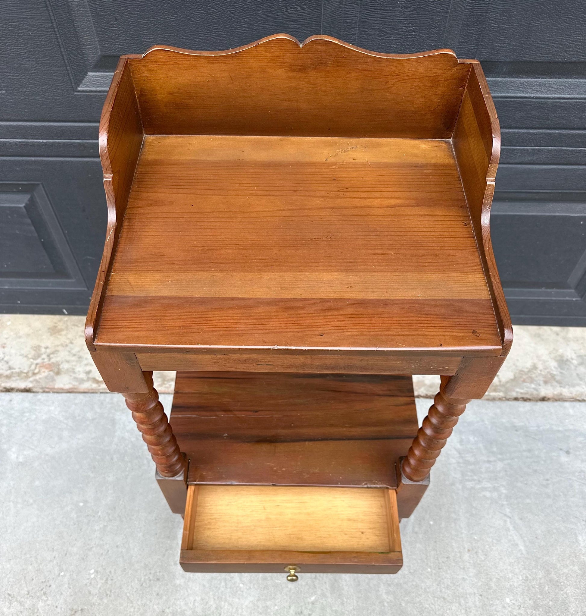 Antique Early 1900's Spindle Leg Solid Wood Two Tier Single Drawer Side Table