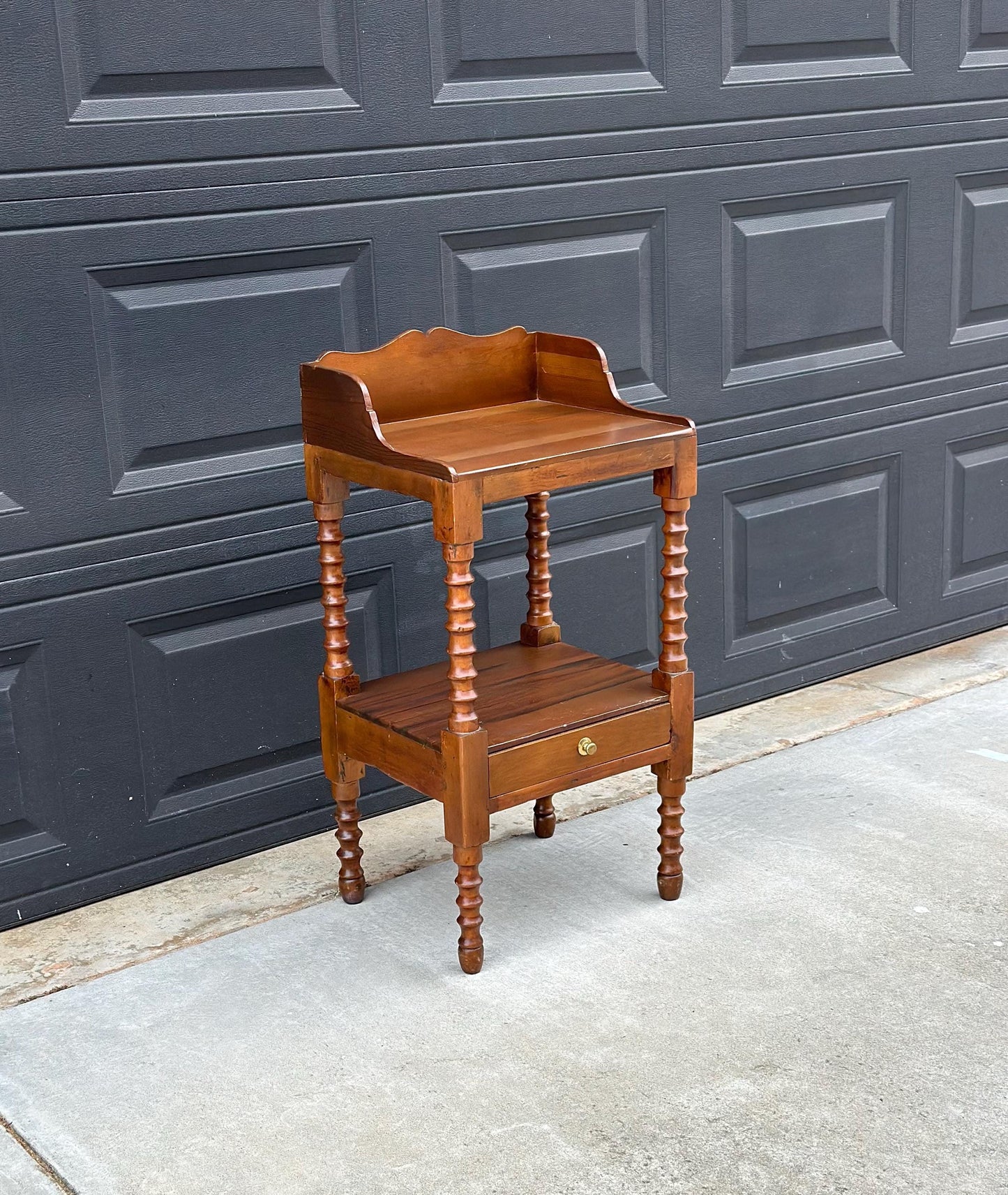 Antique Early 1900's Spindle Leg Solid Wood Two Tier Single Drawer Side Table