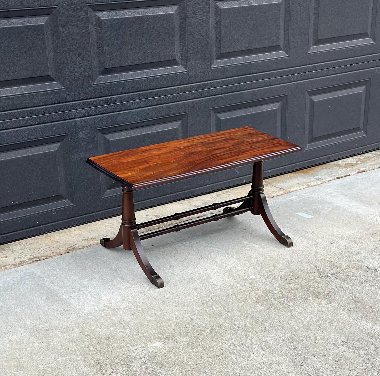 Antique Early 1900's Sheraton Solid Wood Round Stretcher Base Mahogany Coffee Table