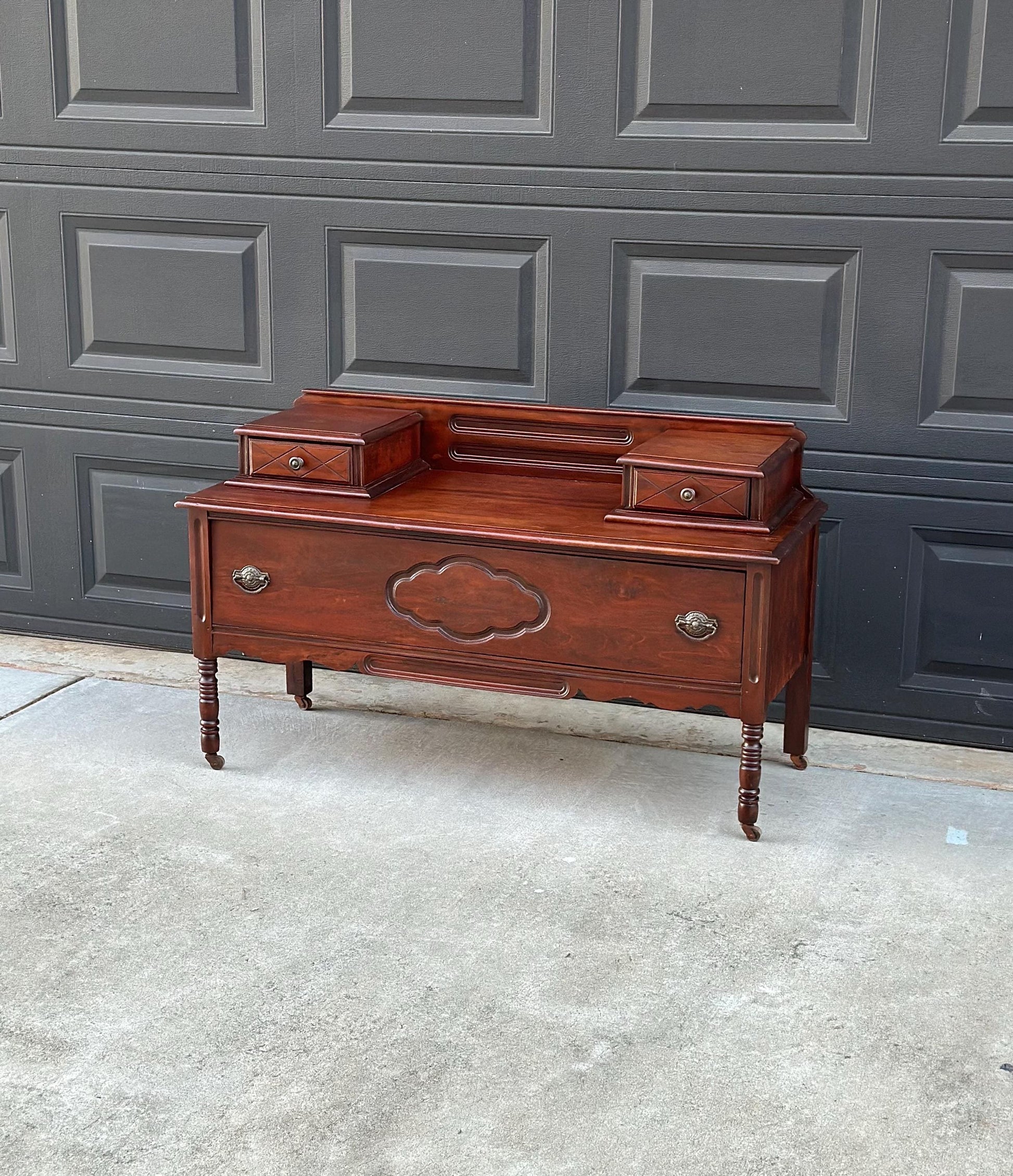 Antique Early 1900's Solid Wood Blanket Chest - Turned Leg Mahogany Princess Low Dresser on Casters
