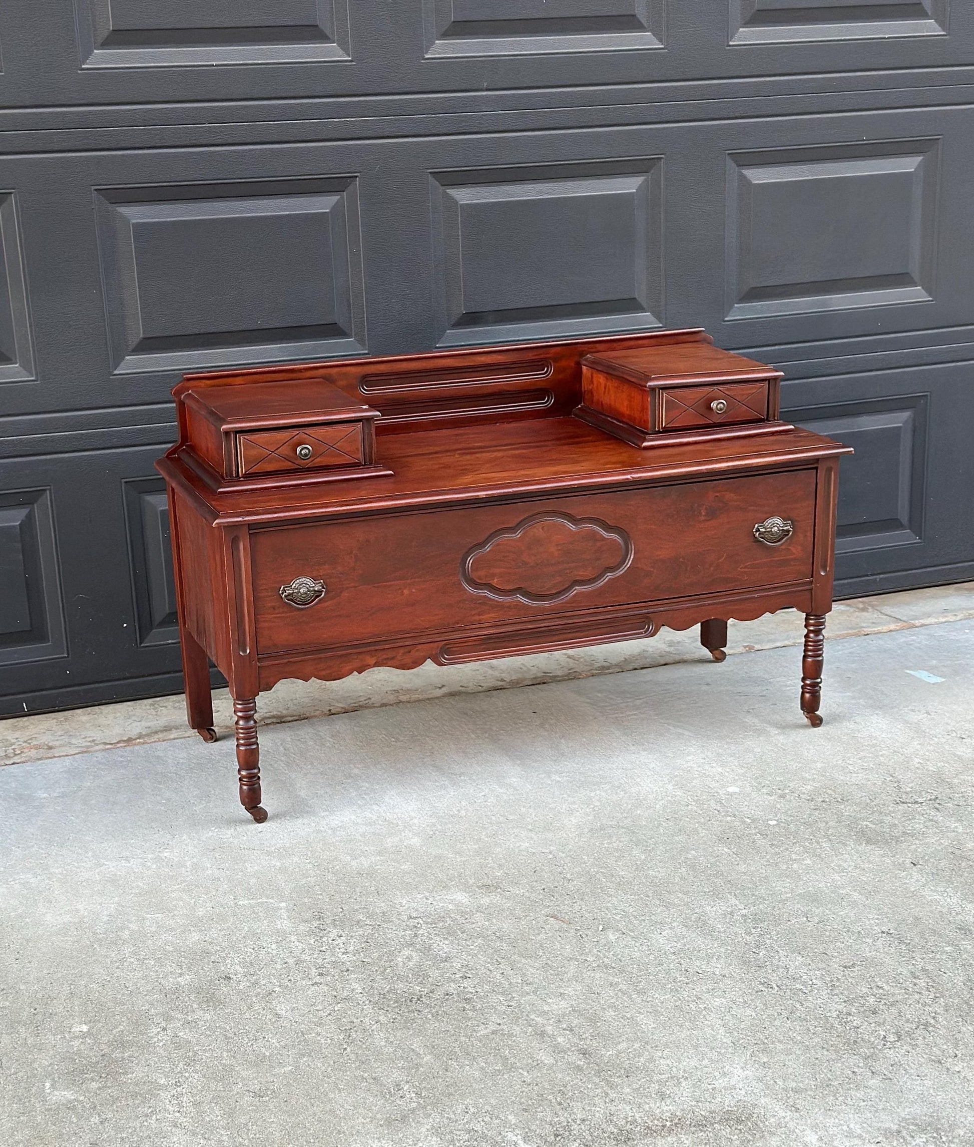 Antique Early 1900's Solid Wood Blanket Chest - Turned Leg Mahogany Princess Low Dresser on Casters