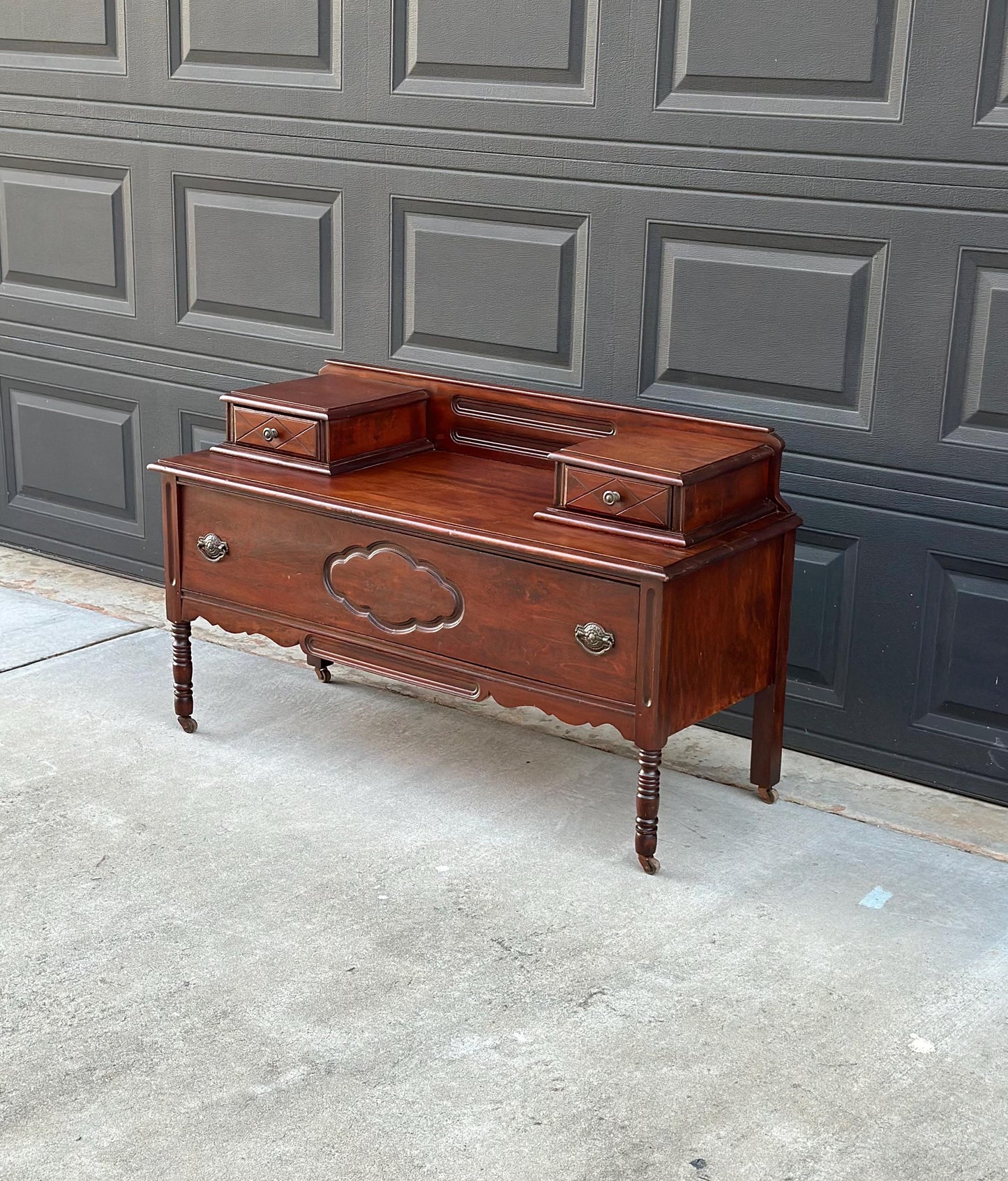 Antique Early 1900's Solid Wood Blanket Chest - Turned Leg Mahogany Princess Low Dresser on Casters