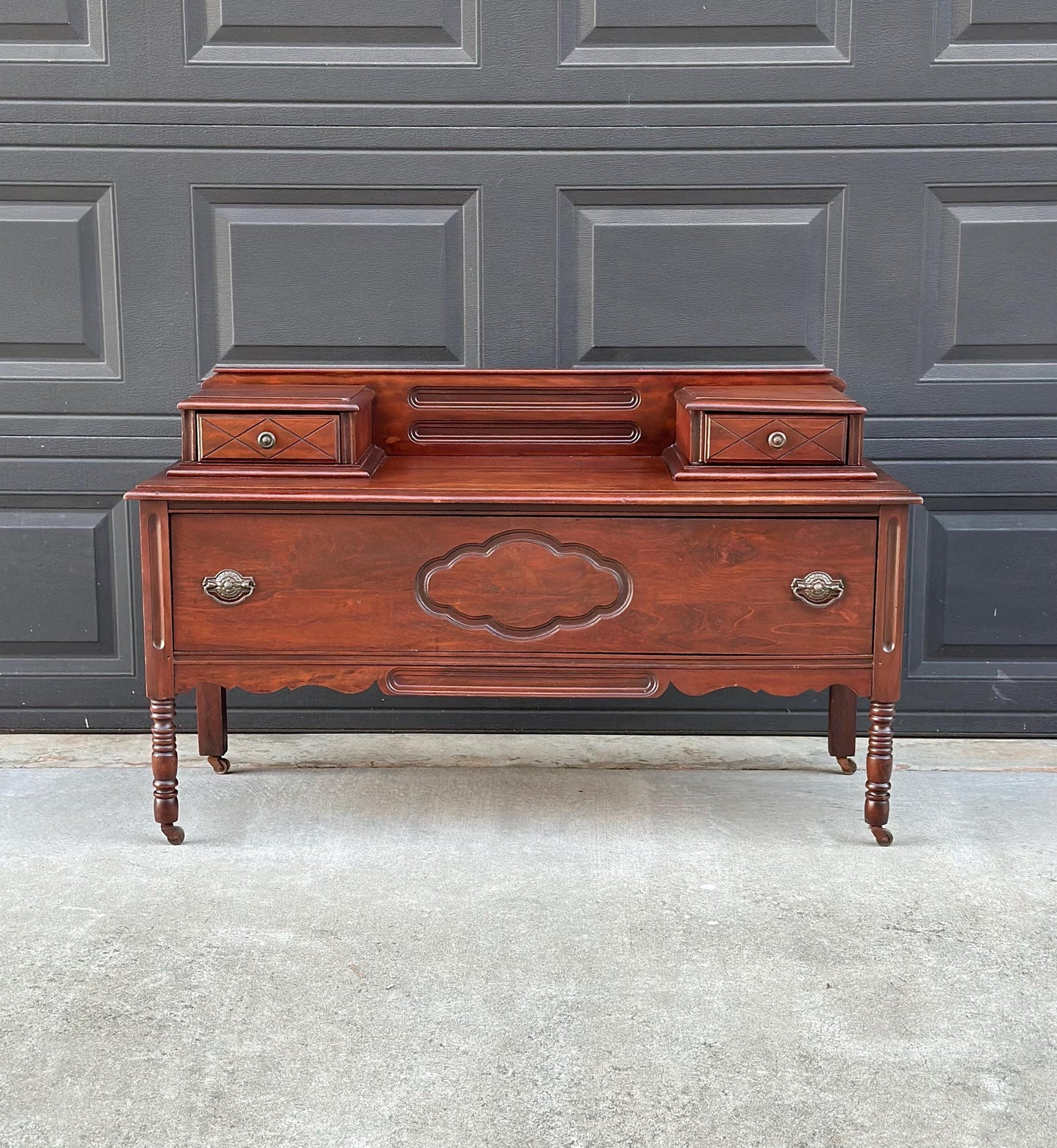 Antique Early 1900's Solid Wood Blanket Chest - Turned Leg Mahogany Princess Low Dresser on Casters