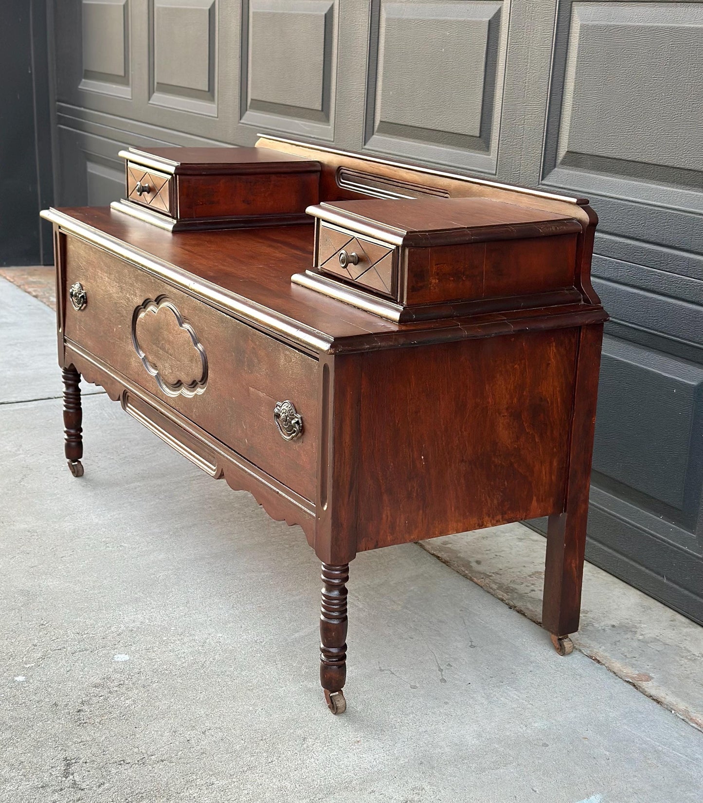 Antique Early 1900's Solid Wood Blanket Chest - Turned Leg Mahogany Princess Low Dresser on Casters