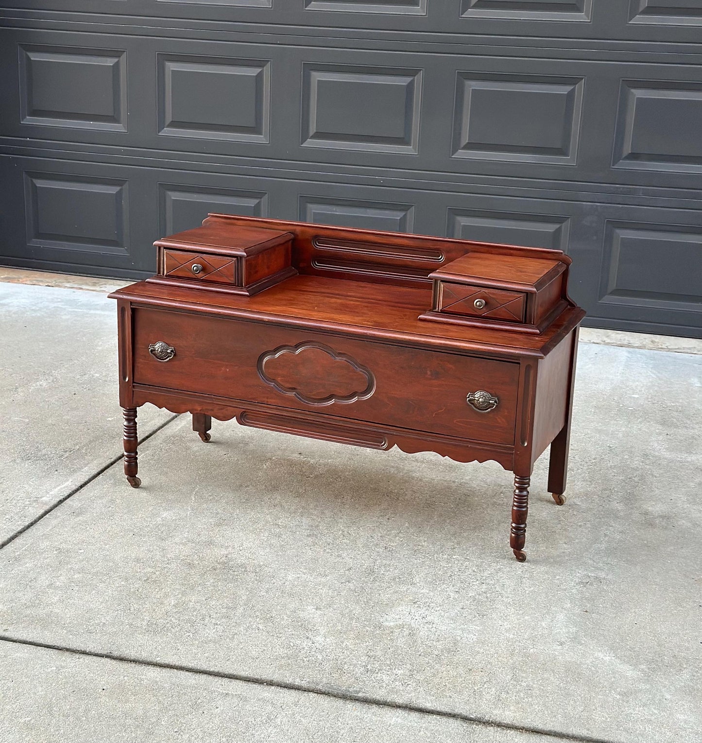 Antique Early 1900's Solid Wood Blanket Chest - Turned Leg Mahogany Princess Low Dresser on Casters