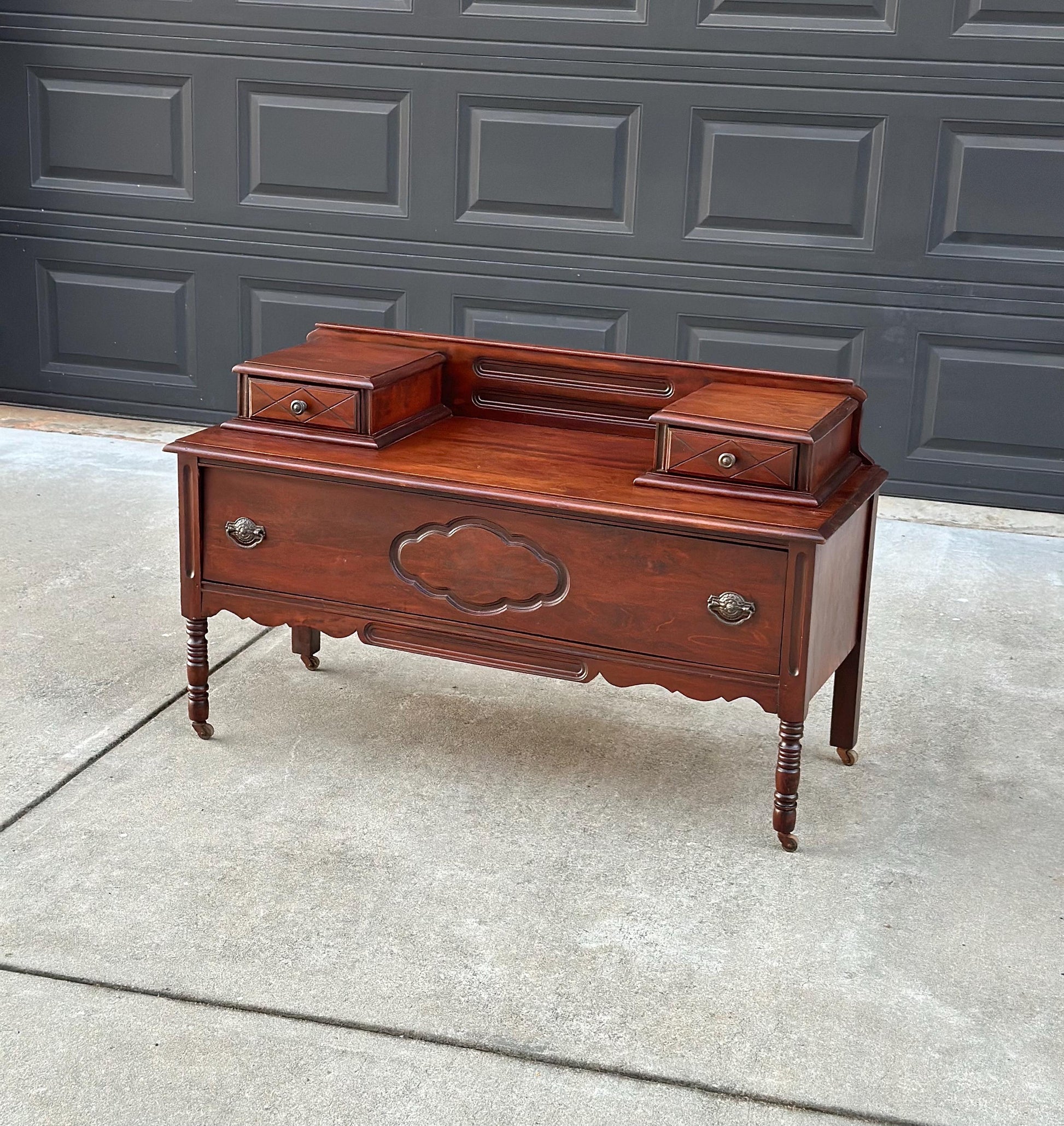 Antique Early 1900's Solid Wood Blanket Chest - Turned Leg Mahogany Princess Low Dresser on Casters