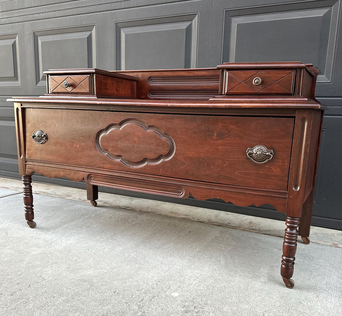 Antique Early 1900's Solid Wood Blanket Chest - Turned Leg Mahogany Princess Low Dresser on Casters