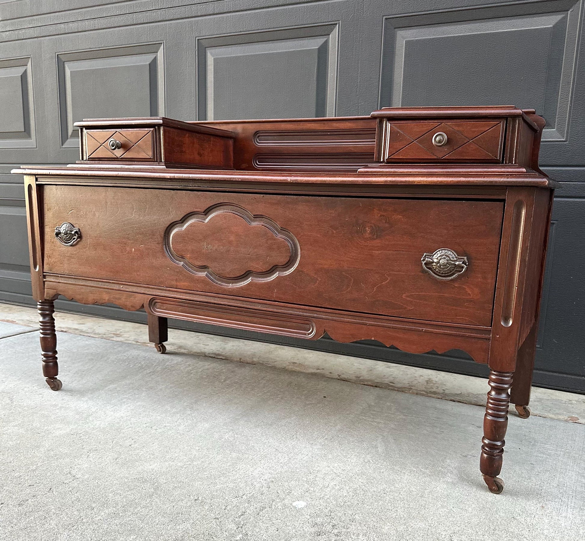 Antique Early 1900's Solid Wood Blanket Chest - Turned Leg Mahogany Princess Low Dresser on Casters